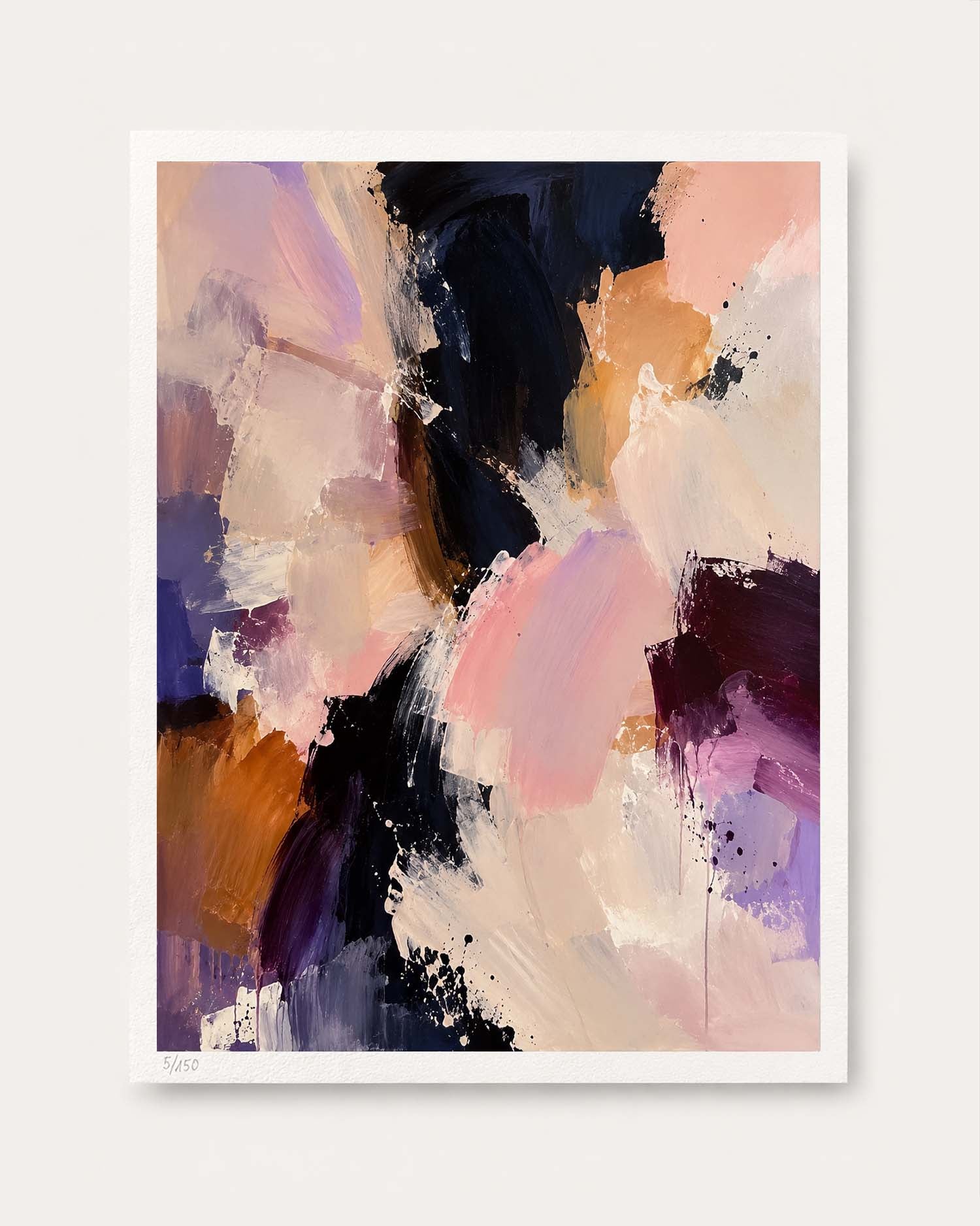 An abstract art print featuring expressive brushstrokes in black, pink, purple, peach, and cream, presented on a clean white background with a subtle drop shadow.