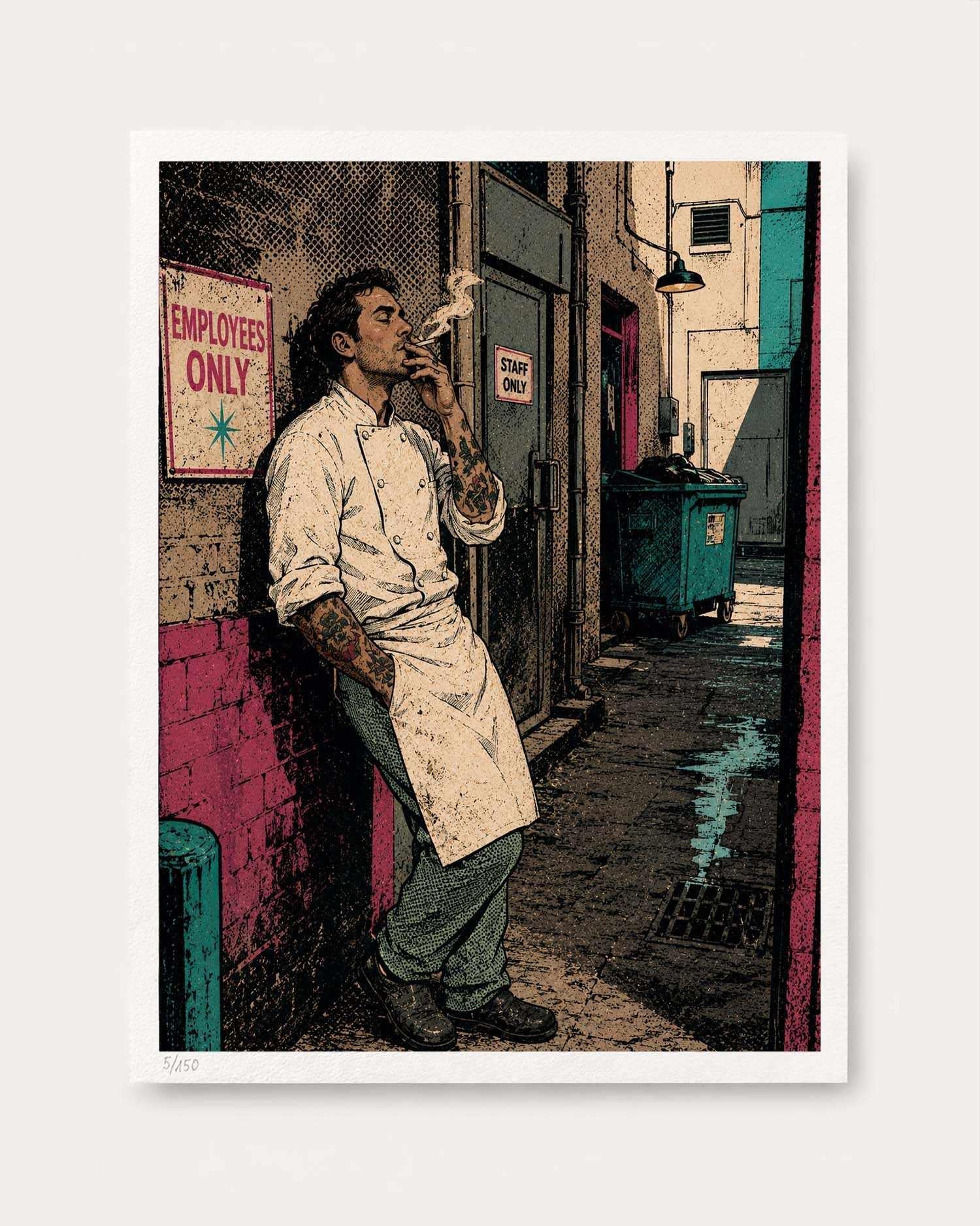 A framed art print featuring a stylized, high-contrast illustration of a man in a white apron leaning against a brick wall in a alley, smoking a cigarette. The print has a white border and is displayed against a light gray background.