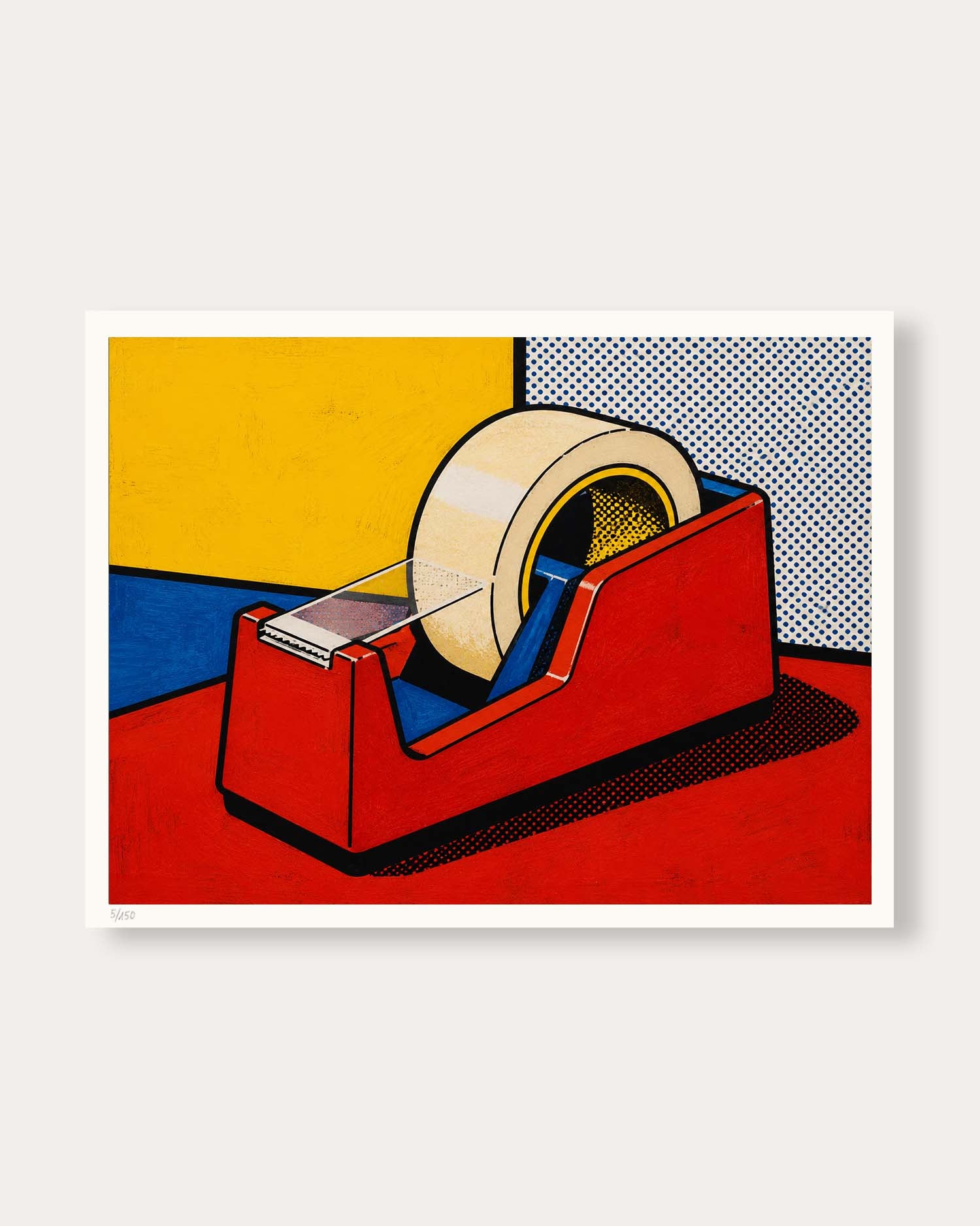 A pop art style print of a red tape dispenser with a beige tape roll, featuring bold blocks of yellow, blue, red, and halftone dot patterns, shown with a white border on a light gray background.
