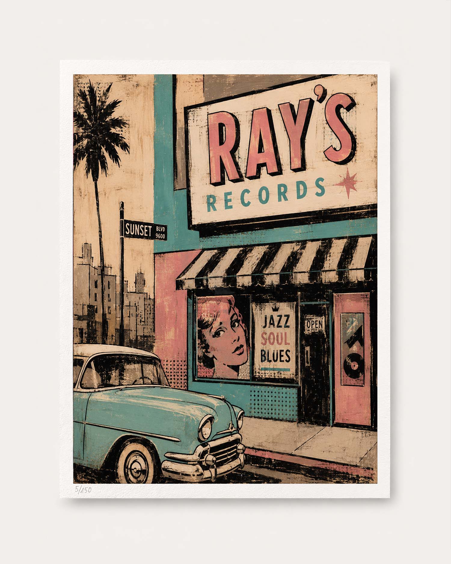 A vintage-style illustrated poster showing a storefront sign reading 'RAY'S RECORDS,' a palm tree, a classic car, and a street sign reading 'SUNSET.' The artwork is presented with a white border on a light gray background.