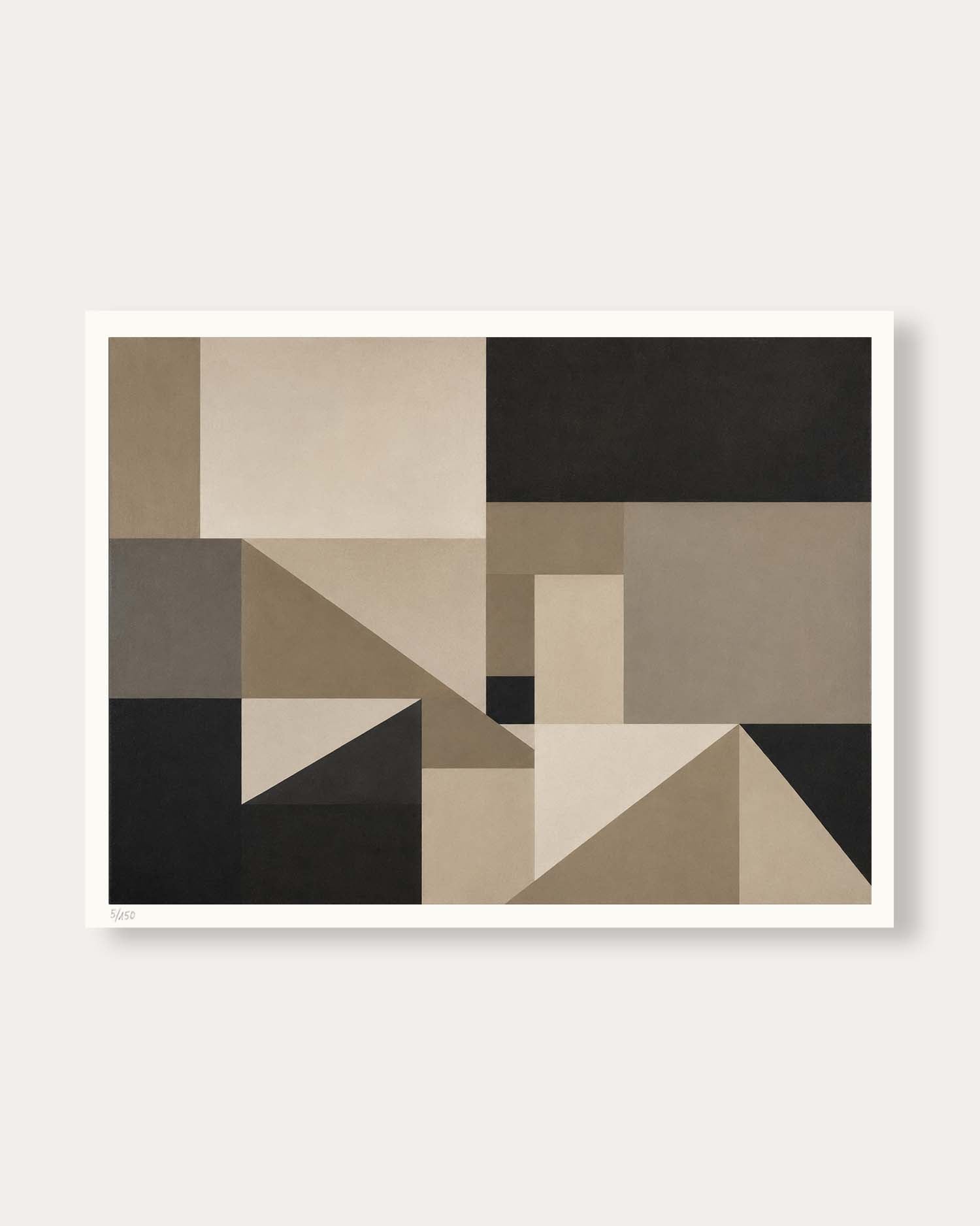 An abstract geometric art print featuring a modern mosaic of blocks and triangles in beige, taupe, brown, black, and cream, presented with a white border on a light gray background.