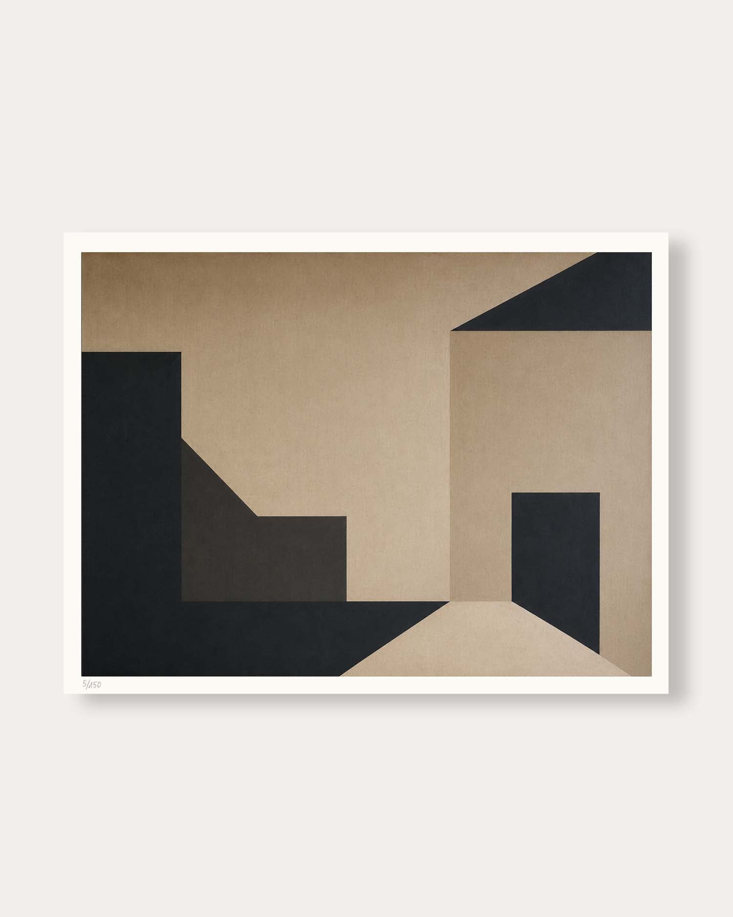 An abstract geometric art print with a white border, featuring shapes in beige, tan, and black, displayed against a light gray background.