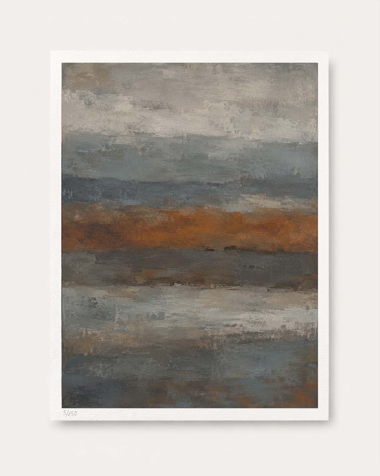 An abstract landscape art print featuring textured horizontal brushstrokes in shades of slate blue, gray, brown, and beige, presented with a white border on a light beige background.