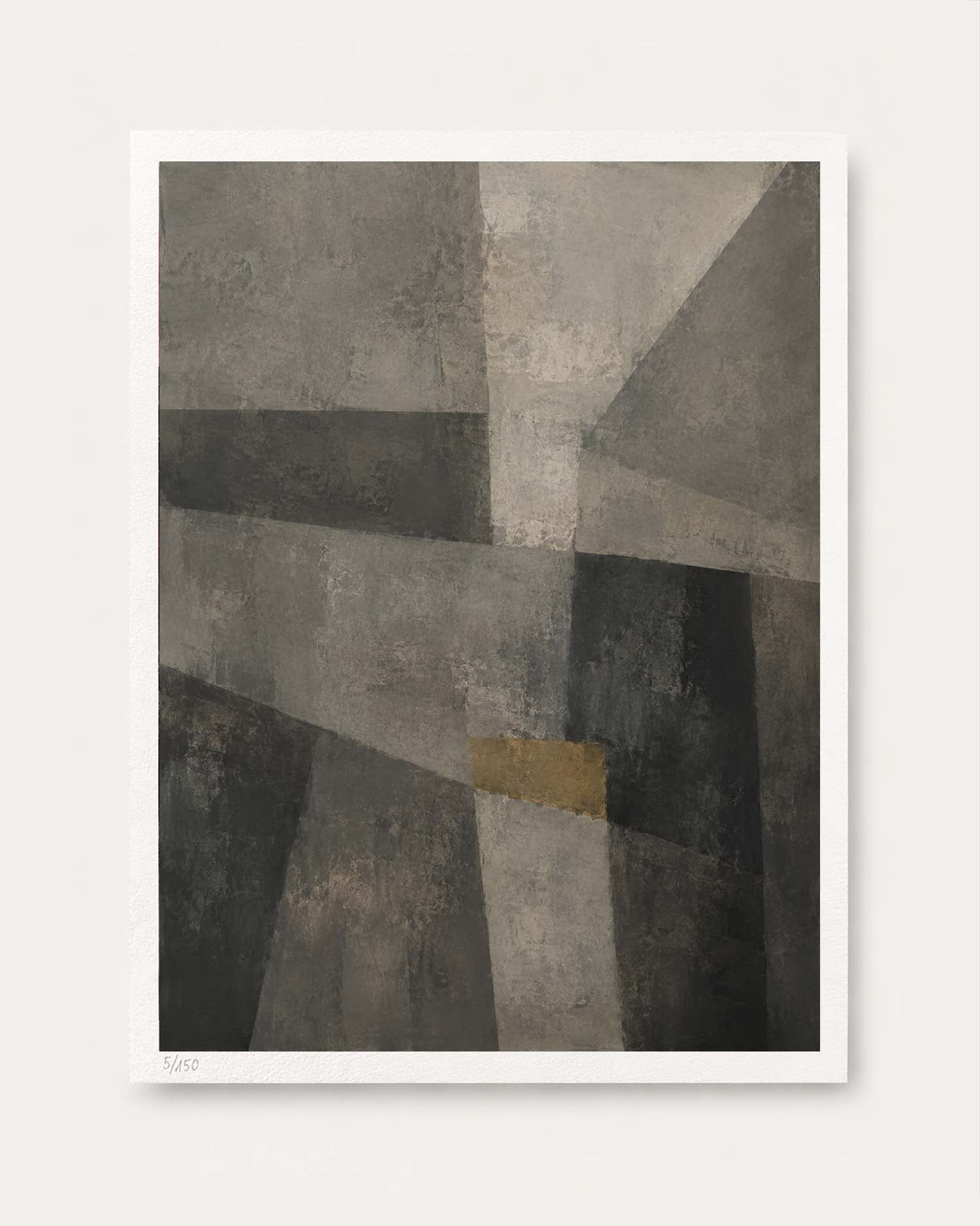 An abstract geometric art print featuring textured gray, black, and white blocks with a small gold accent, presented with a white border on a light beige background.