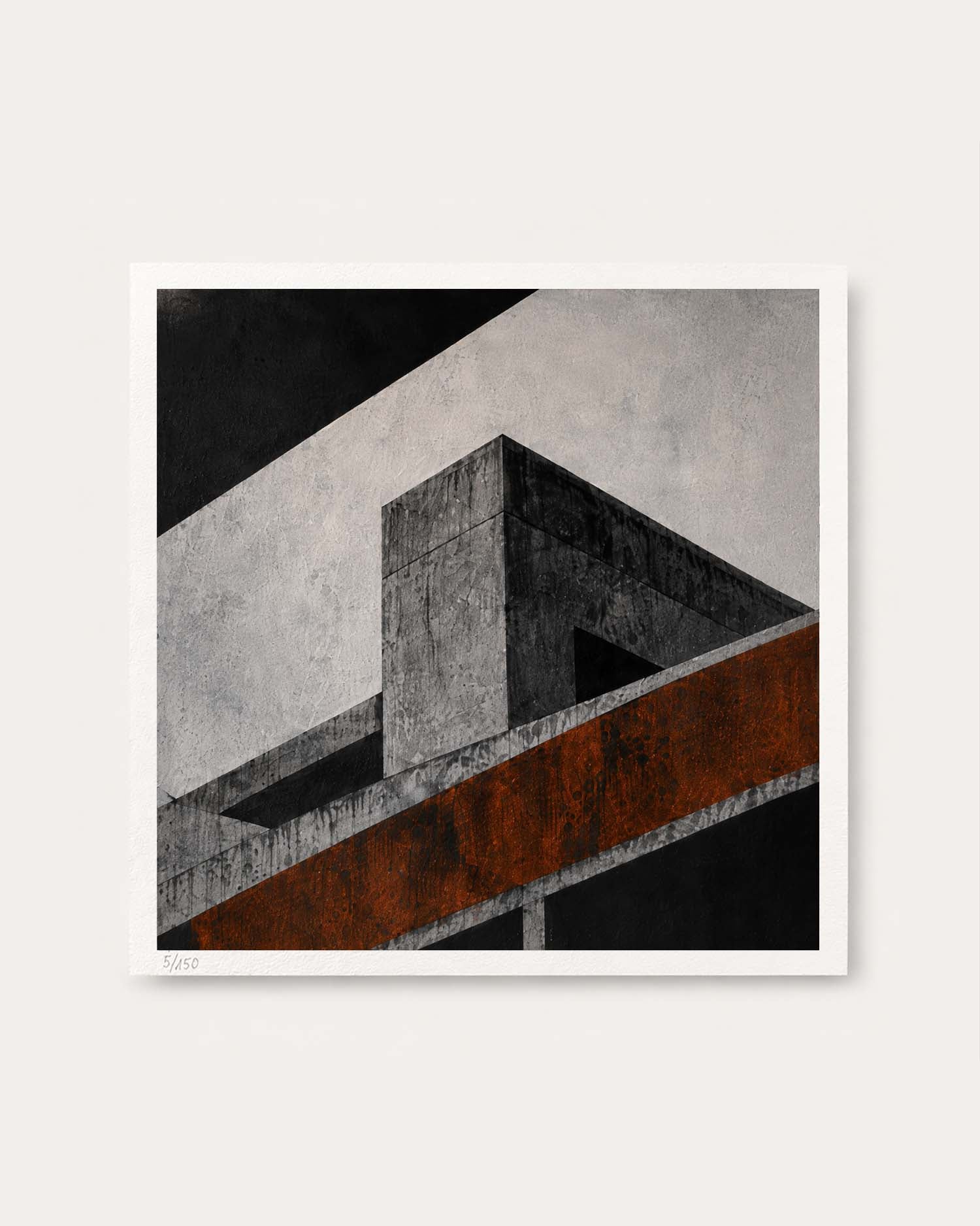 A framed abstract architectural art print featuring a geometric concrete structure in dark gray and black with a prominent rust-orange diagonal band, displayed against a light beige wall.