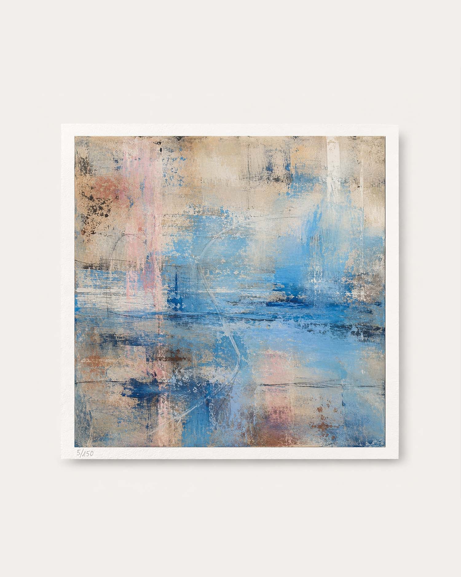 An abstract framed wall art print featuring a textured composition of blue, beige, white, and soft pink brushstrokes, displayed against a clean off-white background.