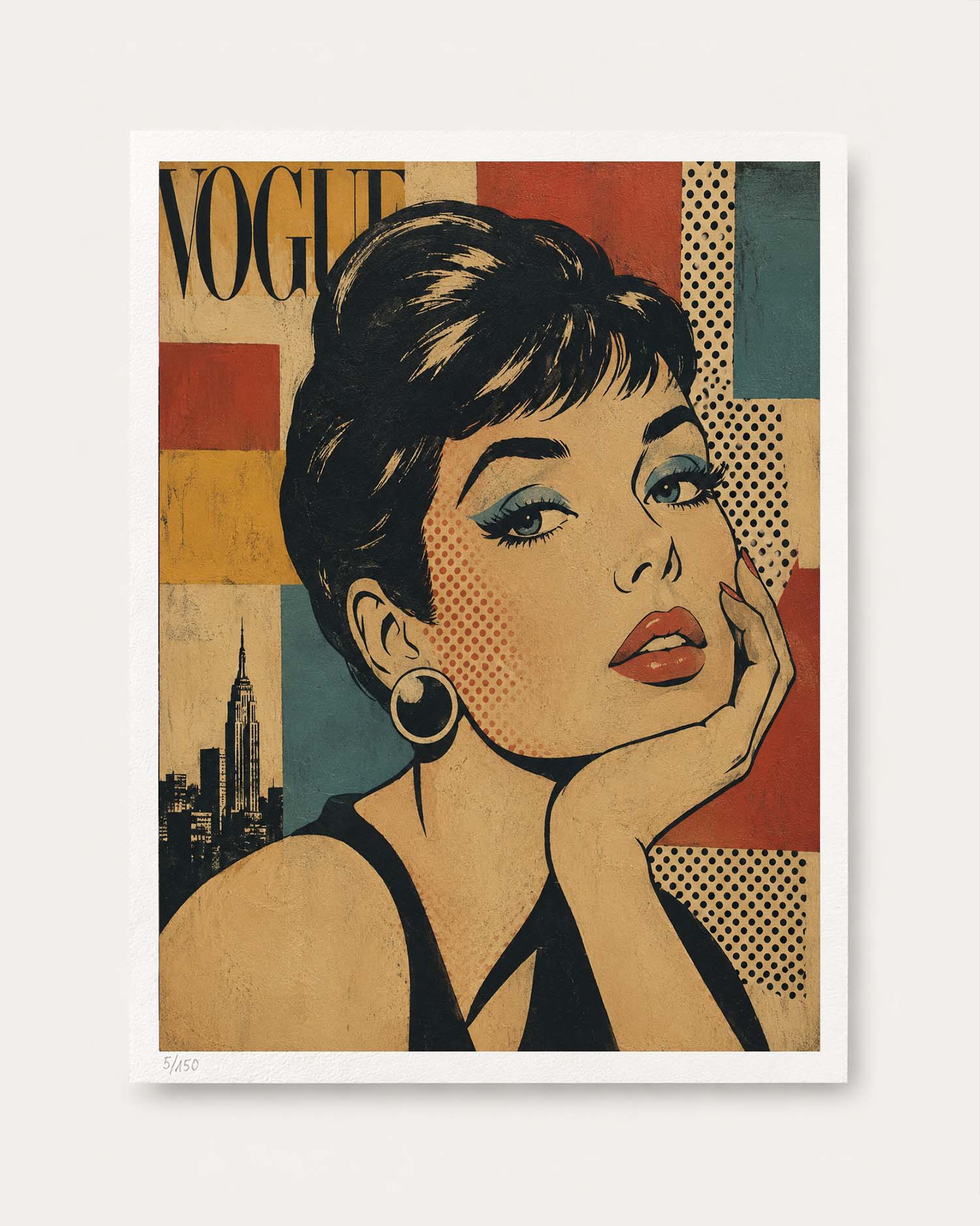 A framed pop-art style poster print featuring a stylized portrait of a woman with the word 'VOGUE' at the top, shown against a light neutral background.