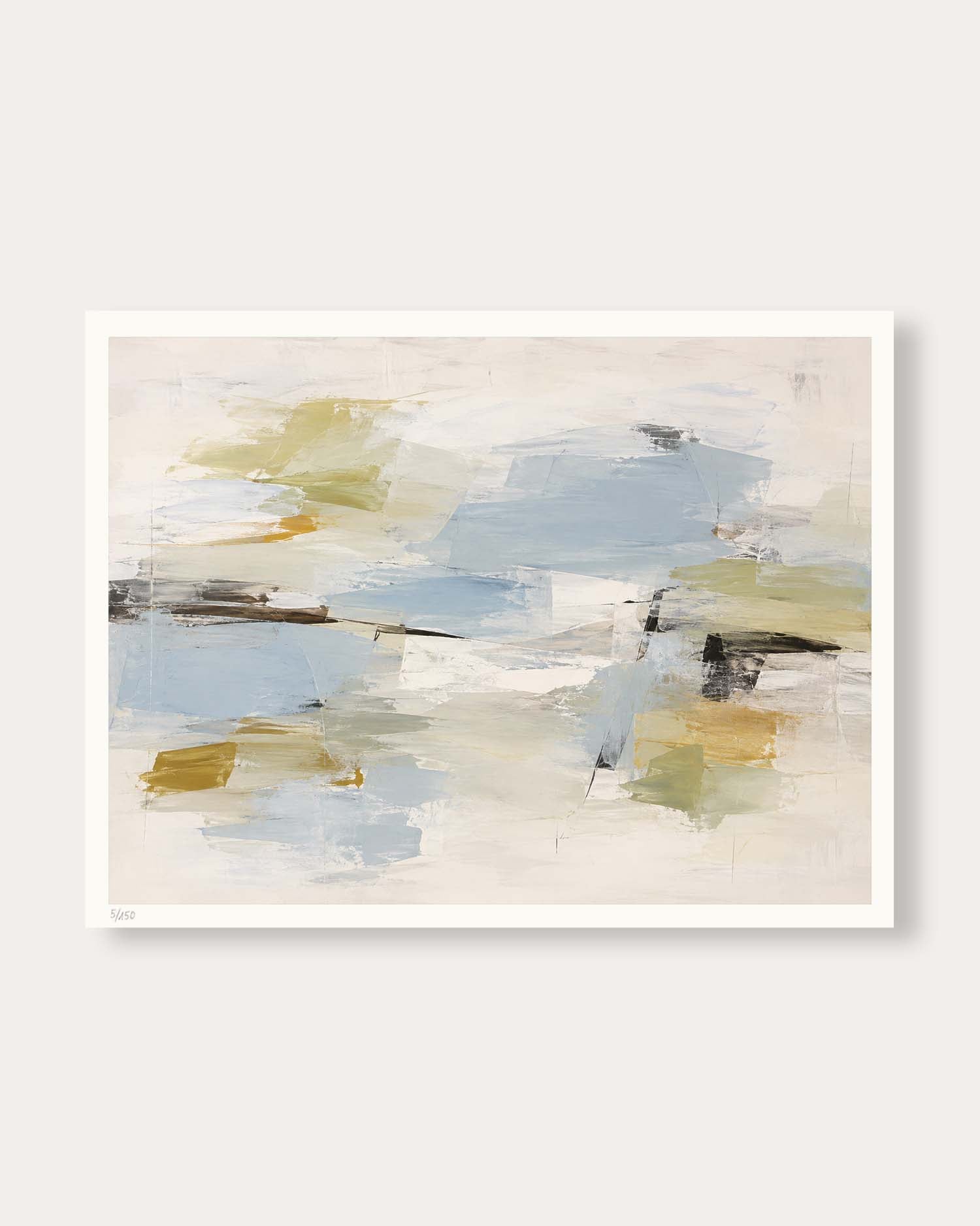 An abstract canvas print featuring a soft, textured brushstroke composition in shades of light blue, sage green, ochre yellow, and cream, presented with a white border on a light gray background.