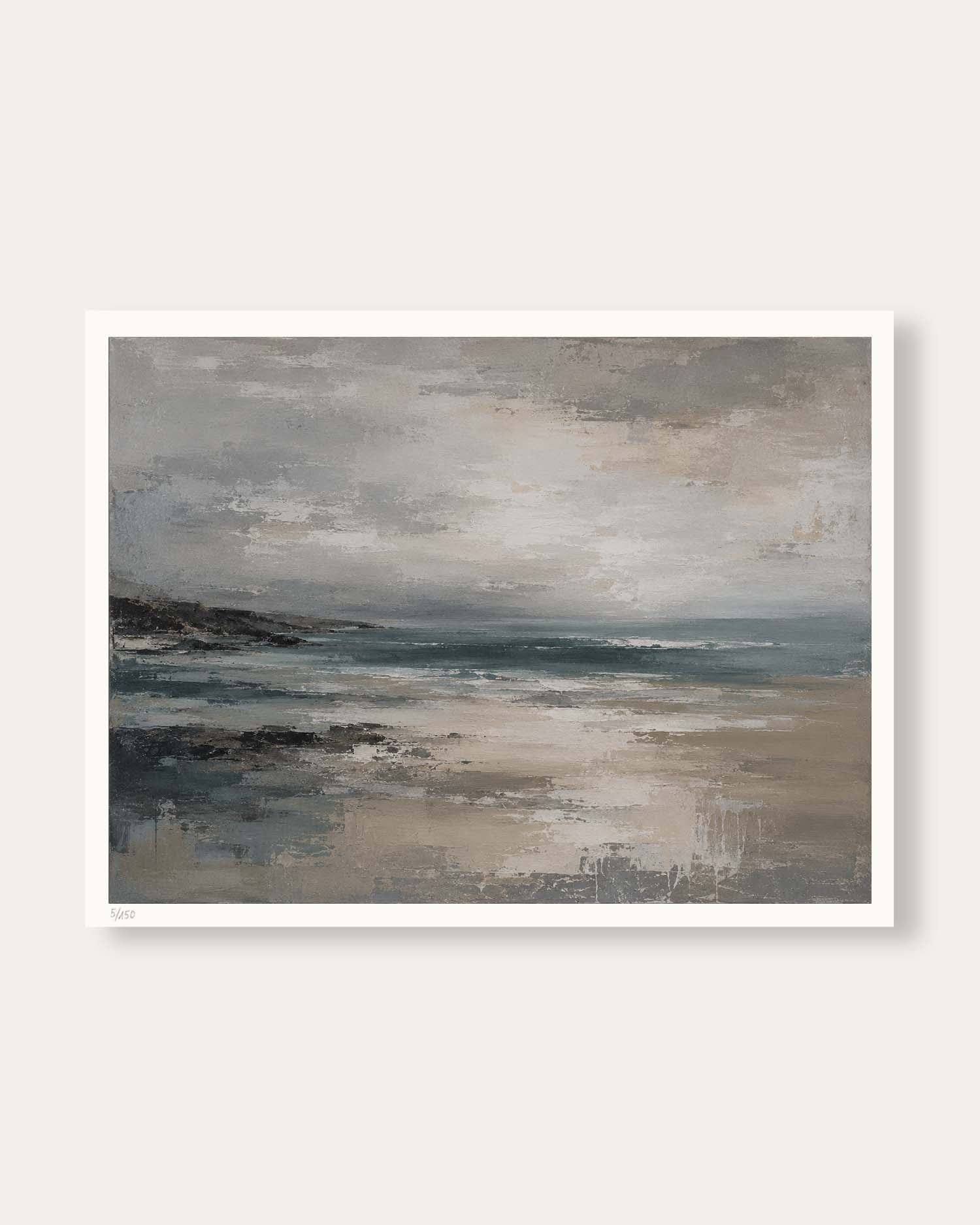 An abstract coastal landscape painting featuring muted tones of gray, beige, and blue, presented with a white border on a light gray background.
