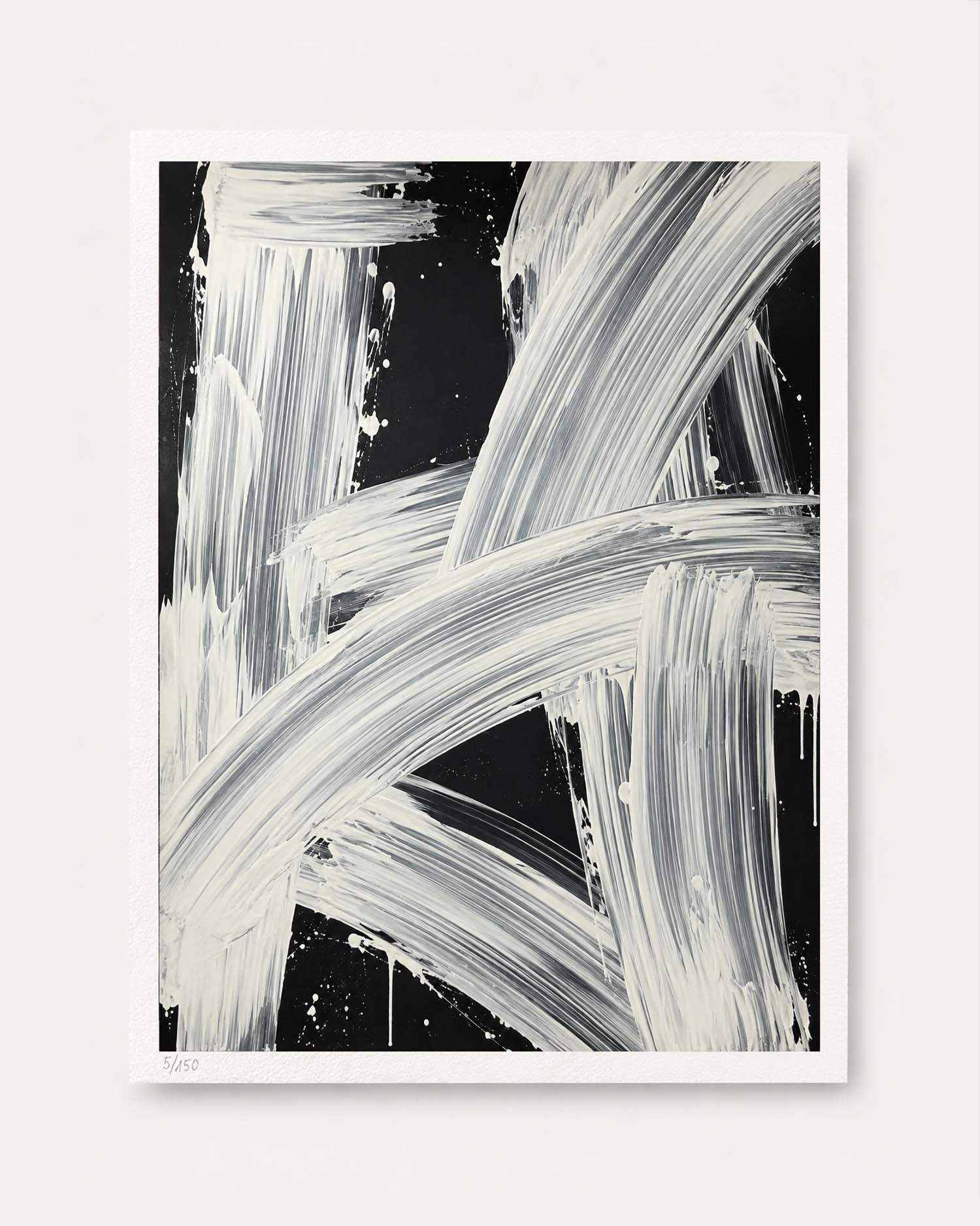 An abstract black and white art print featuring bold, layered brushstrokes, presented on a clean white background.