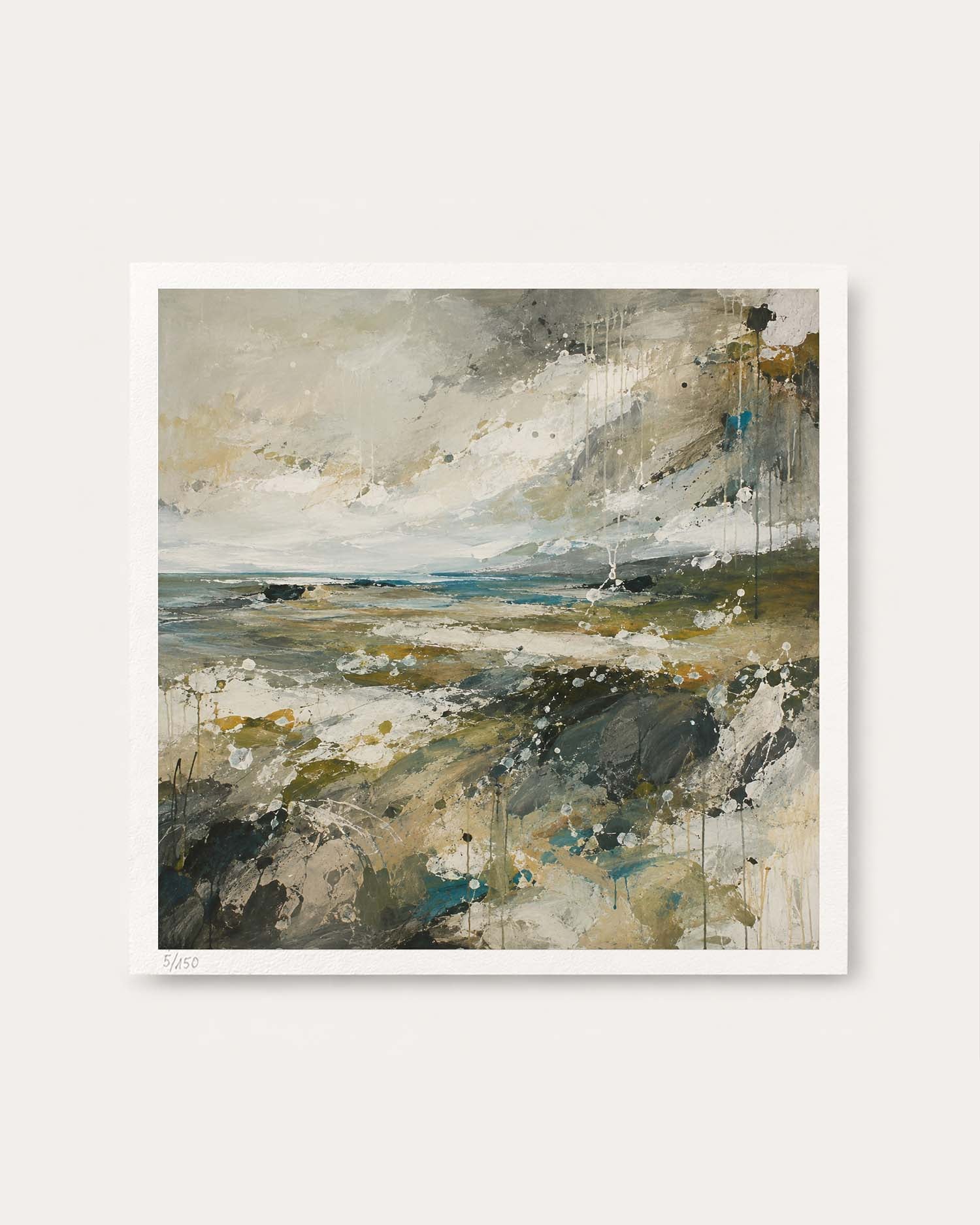 An abstract landscape art print featuring textured brushstrokes of beige, gray, brown, and muted blue, presented on a clean white background with a subtle drop shadow.