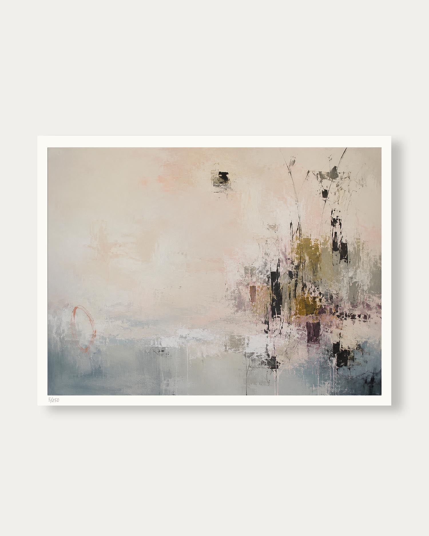 An abstract canvas painting with soft, blended brushstrokes in beige, gray, blue, black, and muted green, presented with a white border against a light gray background.
