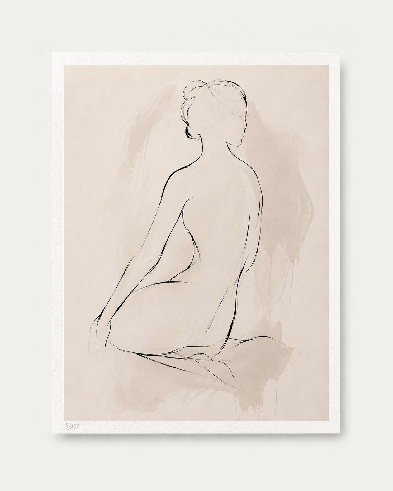 A minimalist art print featuring a black line drawing of a seated nude figure on a warm beige background, presented with a white border against a light gray wall.