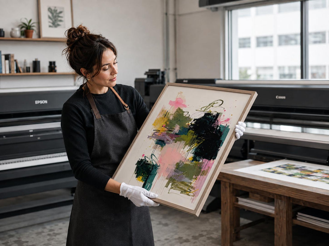 A woman in a black apron and white gloves holds up a framed abstract painting with colorful brushstrokes. The setting is a modern art studio with large Epson and Canon printers in the background.