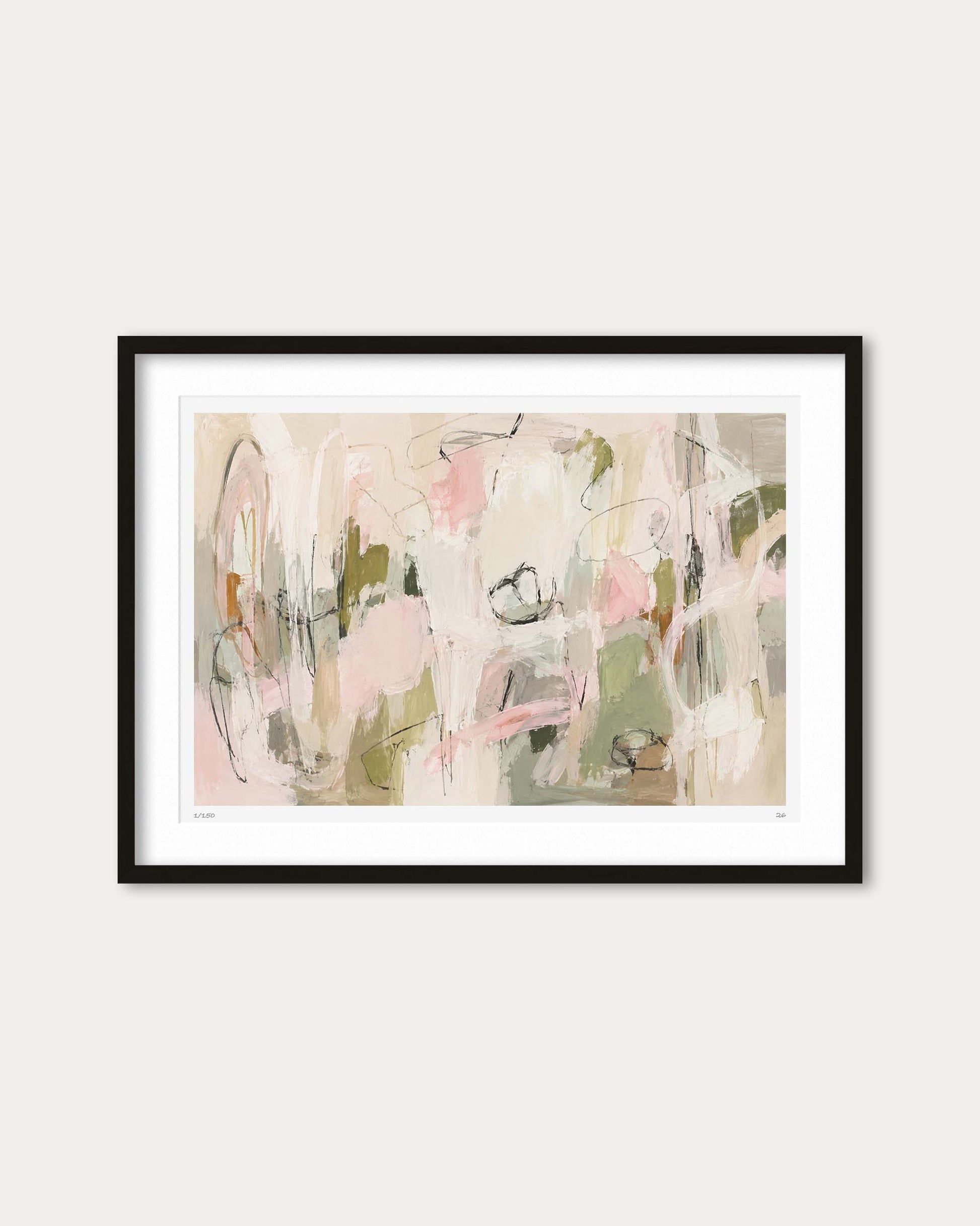 Framed abstract wall art featuring soft pastel brushstrokes in pink, beige, sage green, and gray, presented in a black frame with a white mat against a light gray background.
