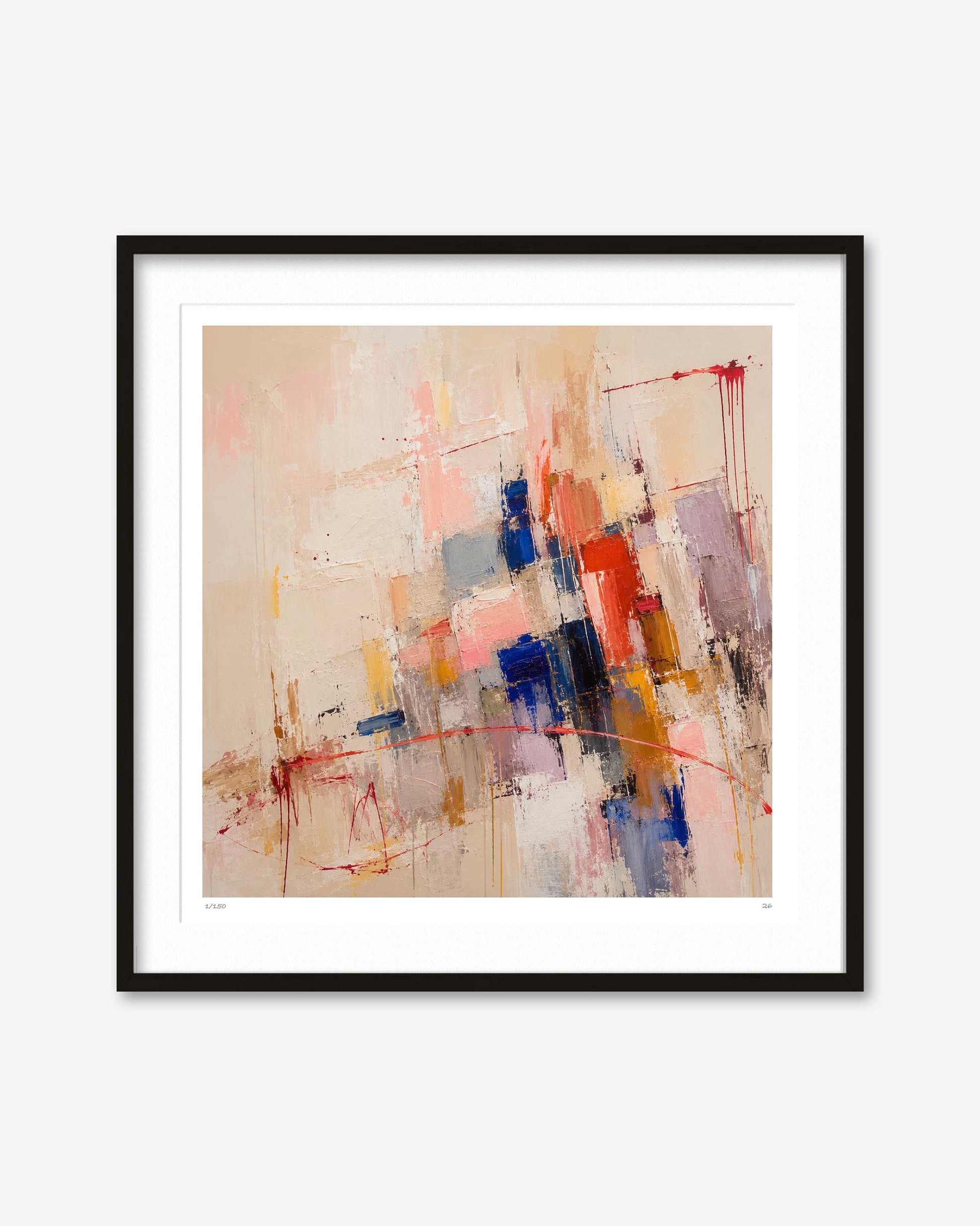An abstract framed wall art print featuring a modern composition of paint strokes in beige, red, blue, orange, and gray, presented in a black frame with a white mat against a light gray background.