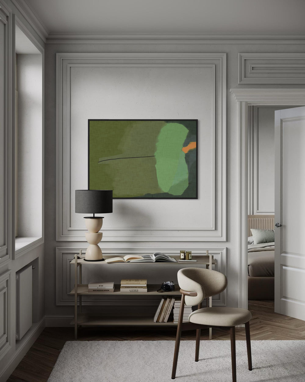 Modern interior with abstract art, lamp, and chair in a stylish room.