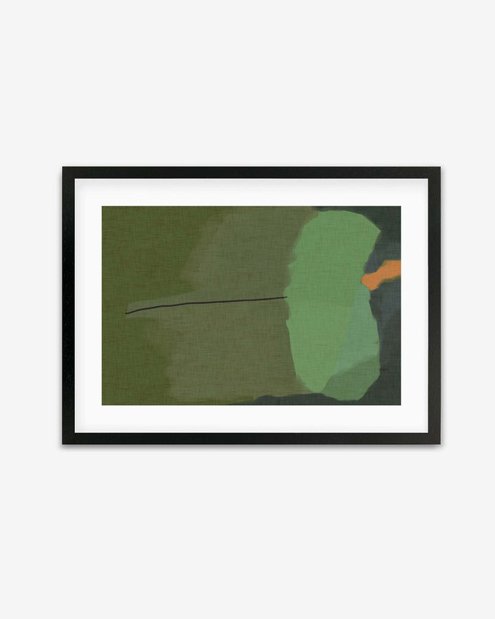 Framed abstract green artwork with a hint of orange, displayed against a white background.