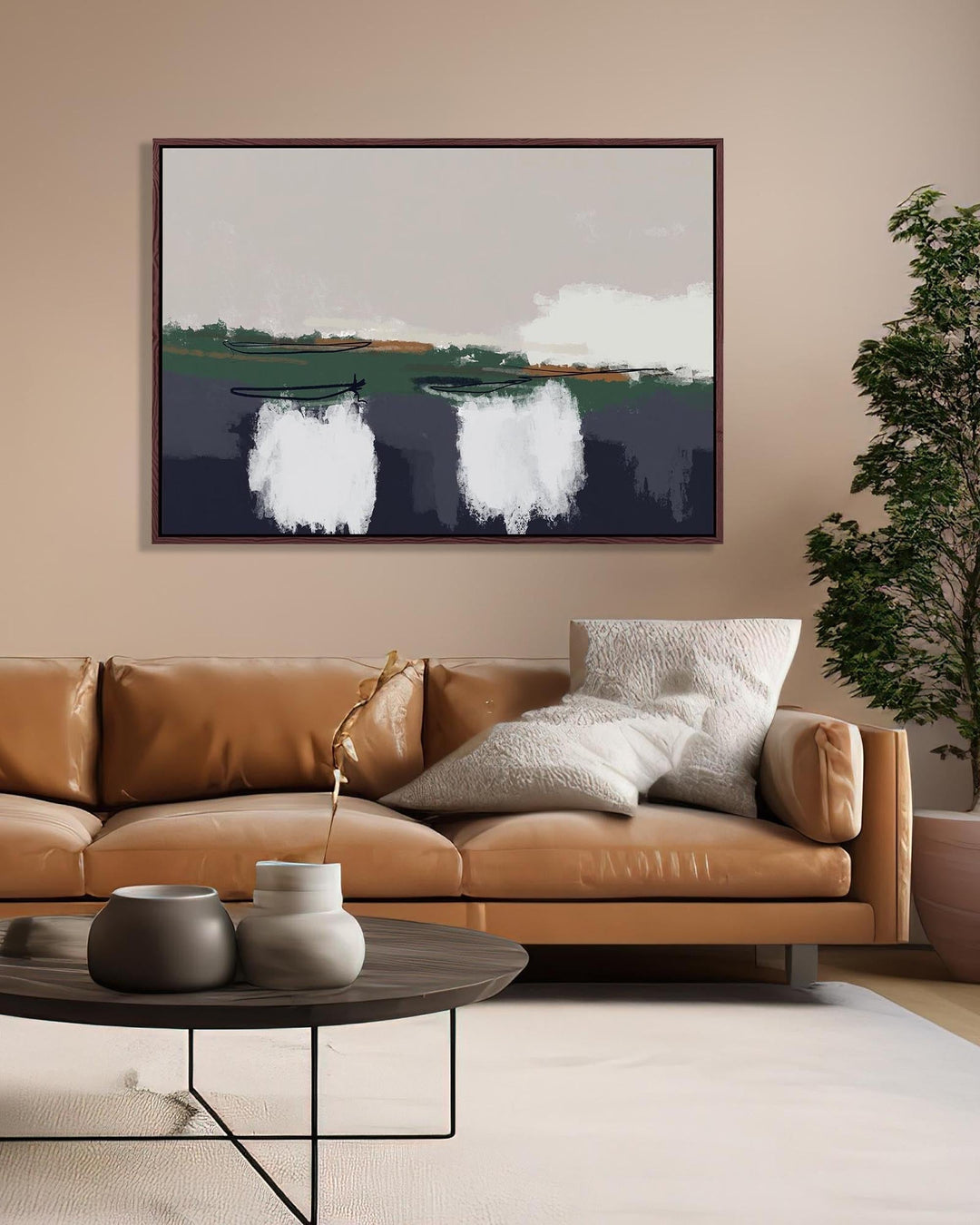 Modern living room with a brown leather sofa, abstract painting, and decorative items.