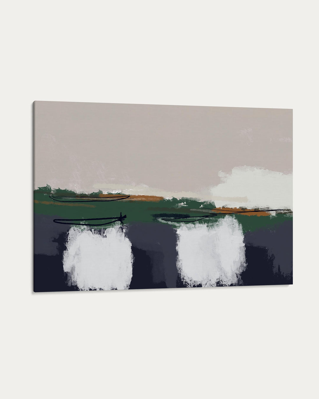 Abstract artwork with white shapes on a gray background