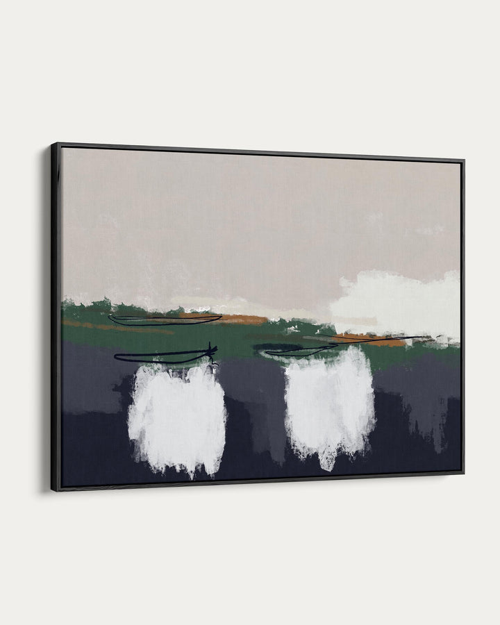Framed artwork of a landscape with water, trees, and clouds.
