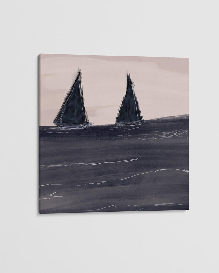 Two sailboats on a stormy sea with a light gray sky
