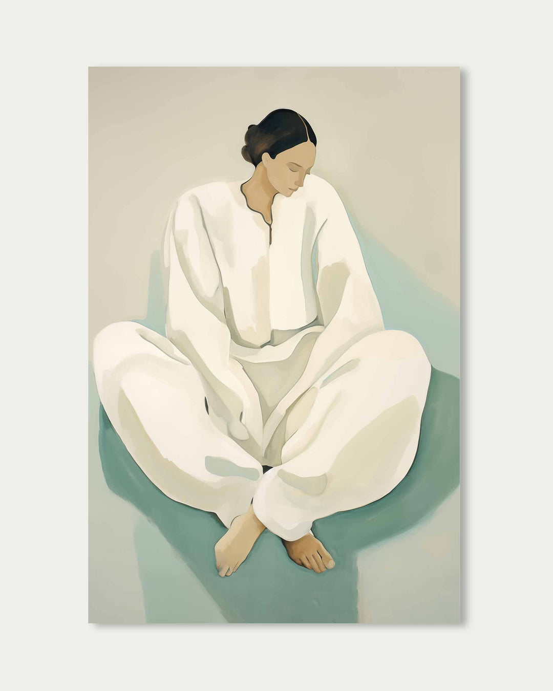 Artistic depiction of a person in a white outfit sitting on a green chair against a light gray background