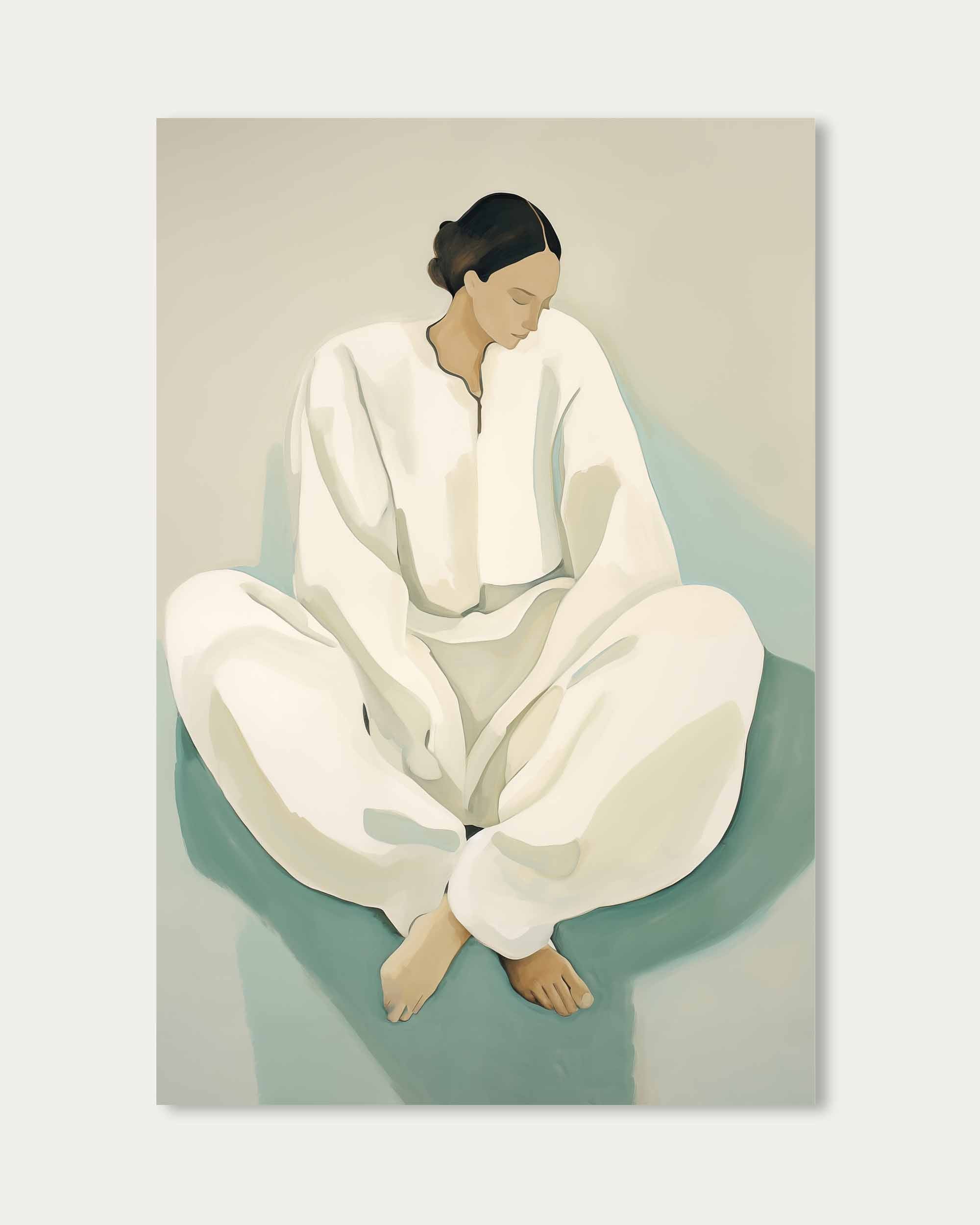 Artistic depiction of a person in a white outfit sitting on a green chair against a light gray background