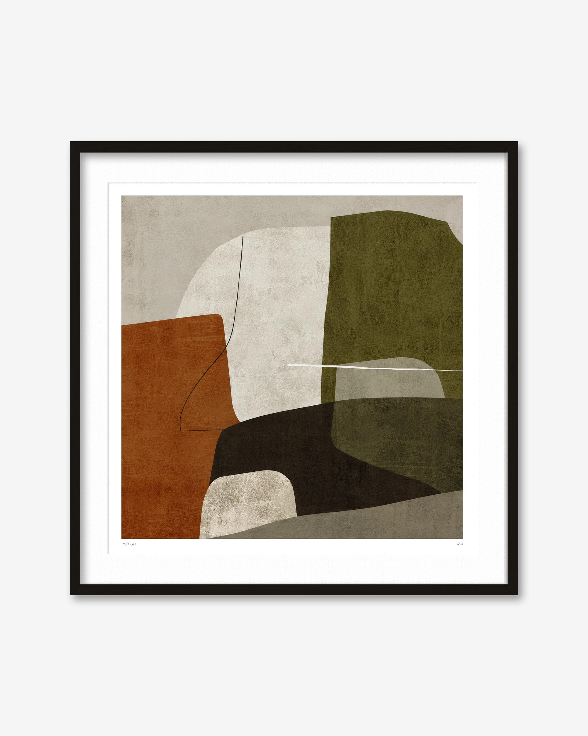 Framed abstract wall art featuring geometric color blocks in terracotta, olive green, cream, charcoal, and taupe on a light gray background.