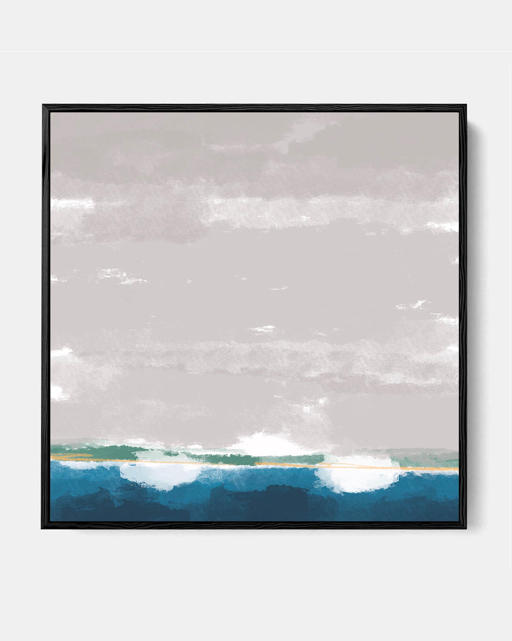 A framed canvas painting depicting a seascape with a boat yard, where the sky is grey and the sea is turquoise with tranquil clouds.