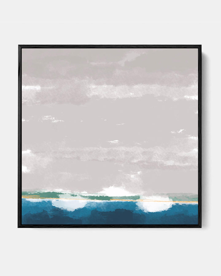 A framed canvas painting depicting a seascape with a boat yard, where the sky is grey and the sea is turquoise with tranquil clouds.
