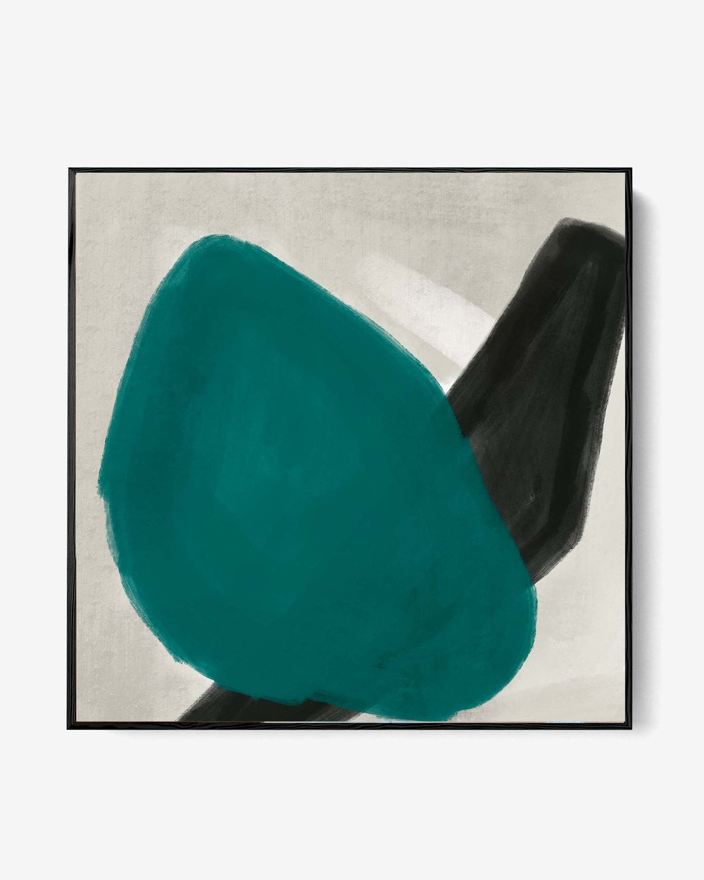 A framed canvas featuring abstract organic shapes in green, black, and white colors, with a wooden frame.