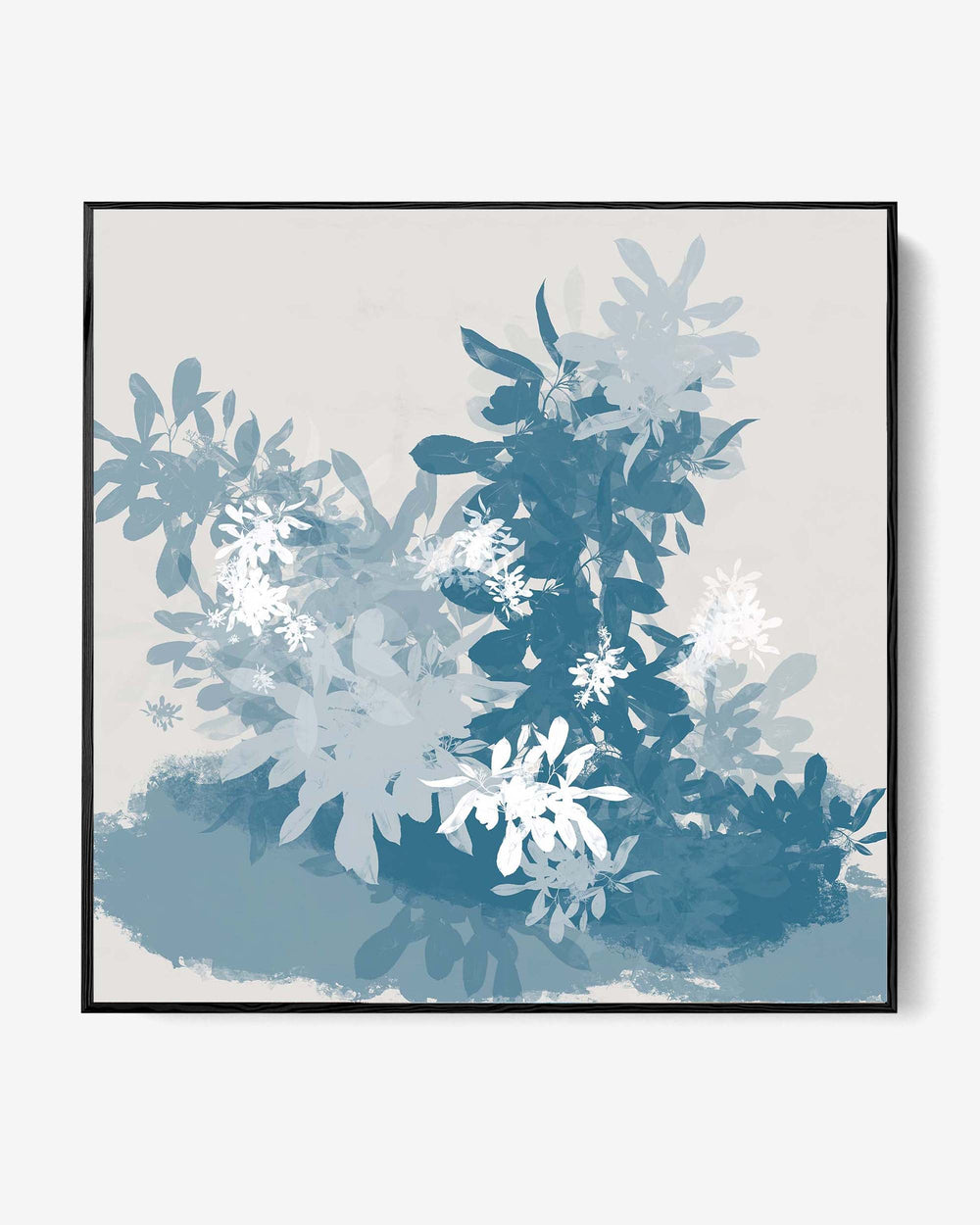 A large floral canvas art piece with shades of blue and teal, framed and ready to hang.