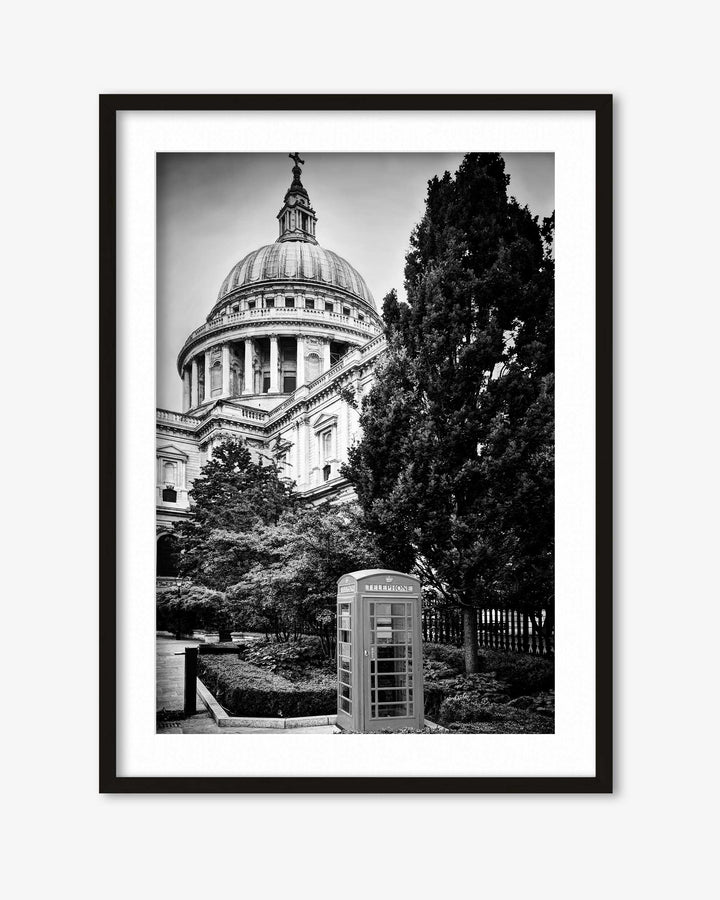 Framed black and white photograph of a large building with a dome and trees in the foreground.