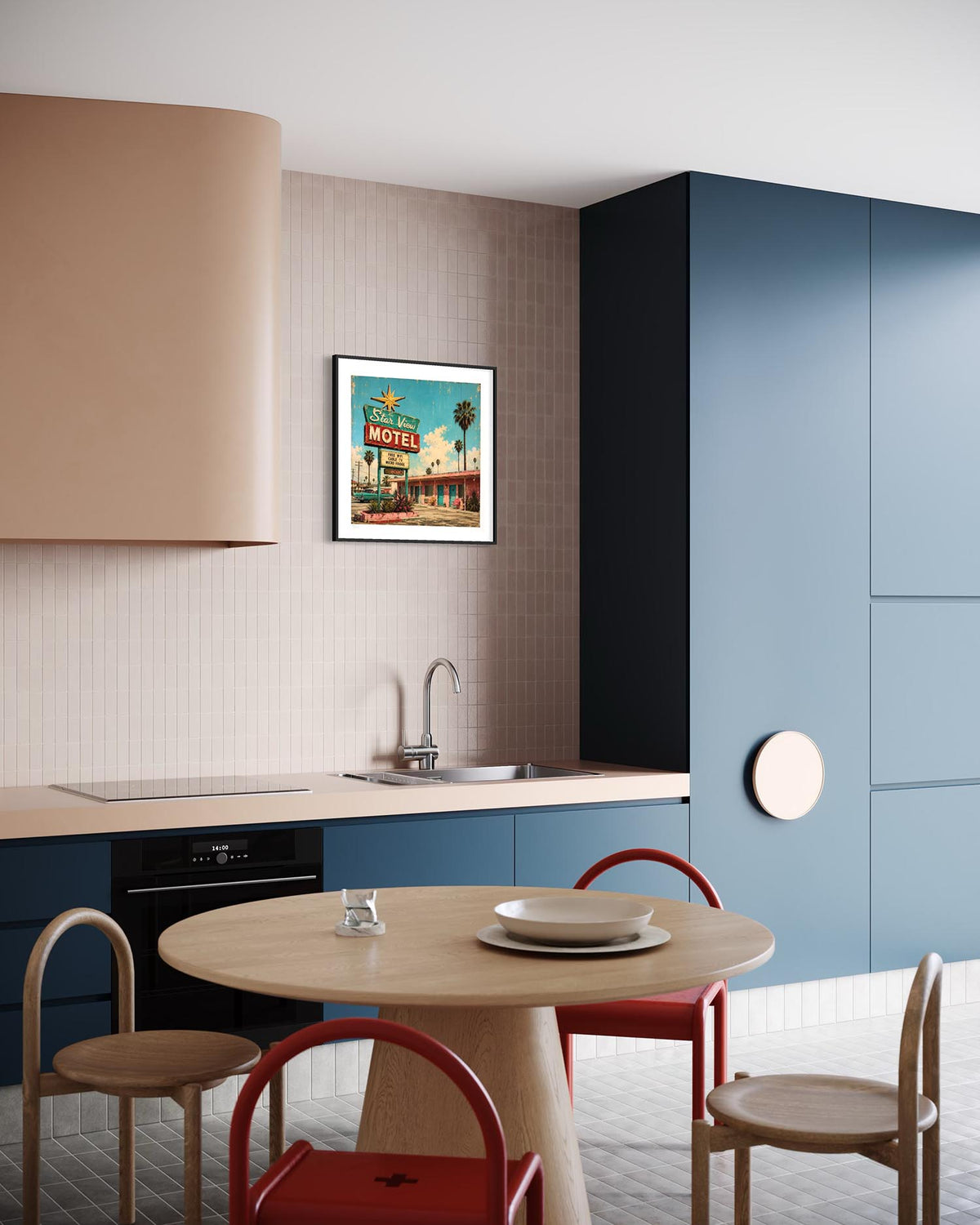 A framed art print depicting a retro 'Motel' sign in a colorful neon style, displayed on a textured beige wall in a modern kitchen setting with blue cabinets and a wooden dining table.