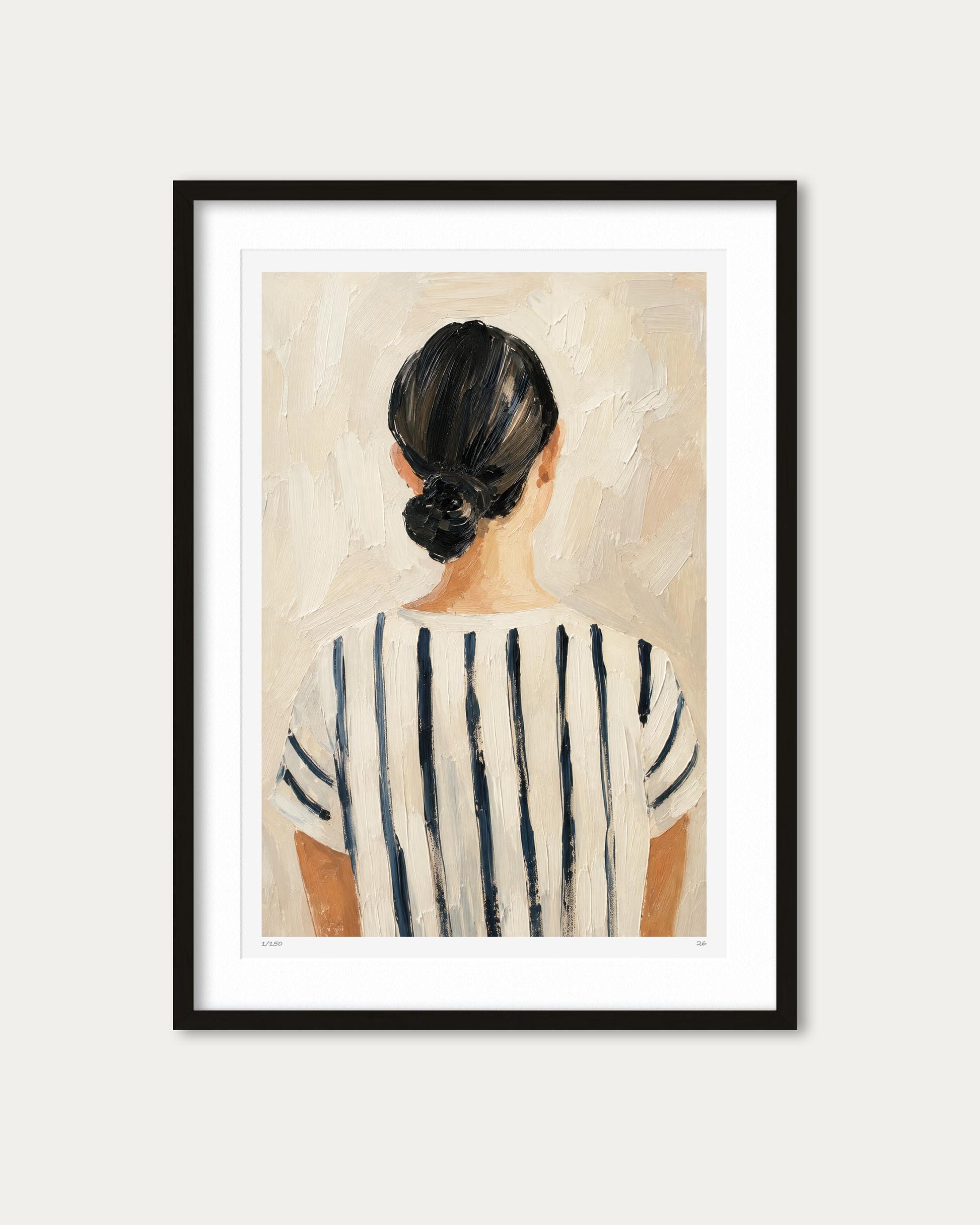 Framed art print featuring an impressionistic painting of a woman seen from behind, wearing a black and white striped top, set against a light beige background.