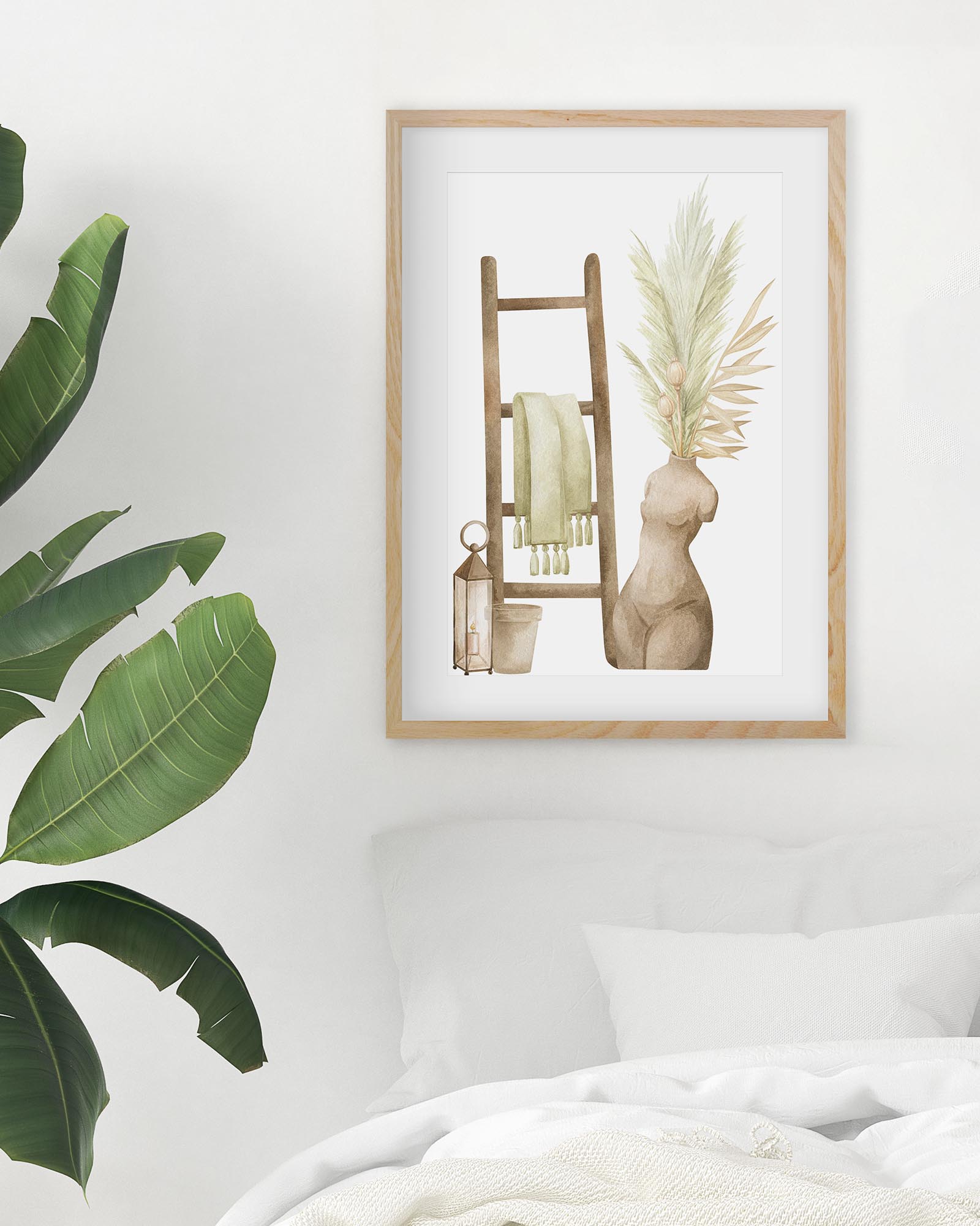 Framed artwork of a ladder with plants on a white wall, with a plant in the foreground.