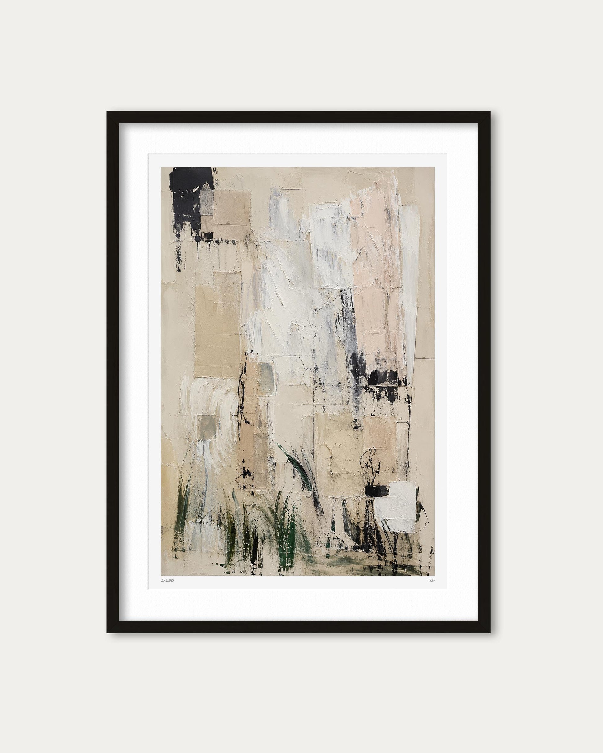 An abstract framed wall art print featuring vertical brushstrokes in beige, cream, white, black, and soft green, presented in a black frame with a white mat against a light gray background.