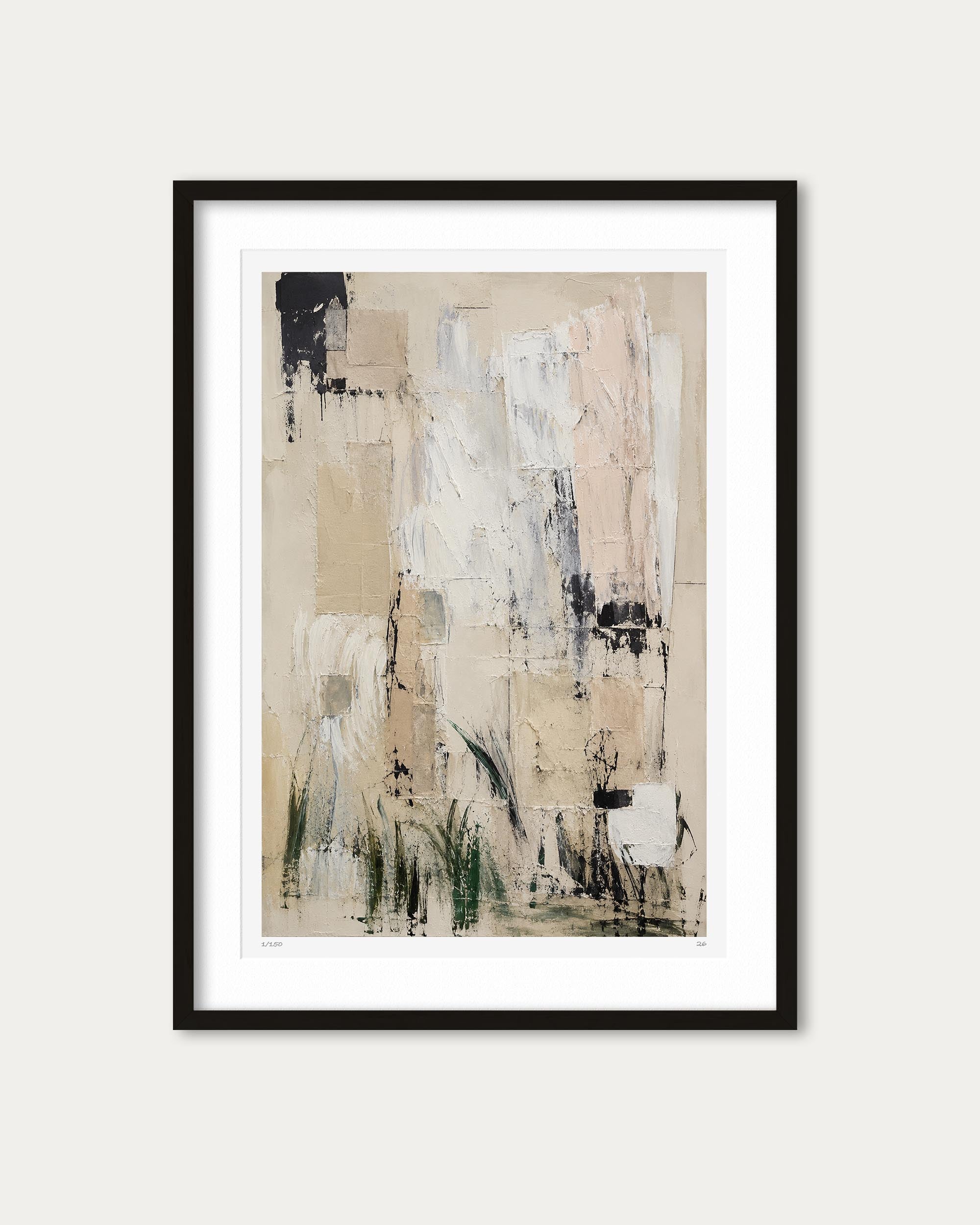 An abstract framed wall art print featuring vertical brushstrokes in beige, cream, white, black, and soft green, presented in a black frame with a white mat against a light gray background.