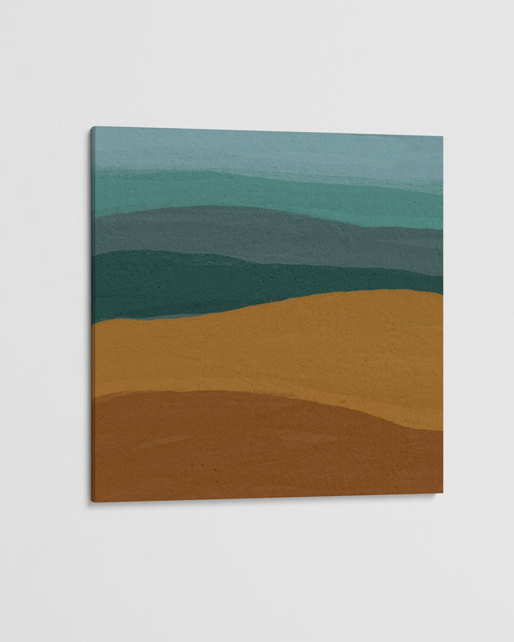 Abstract art print with wavy color patterns on a light gray background