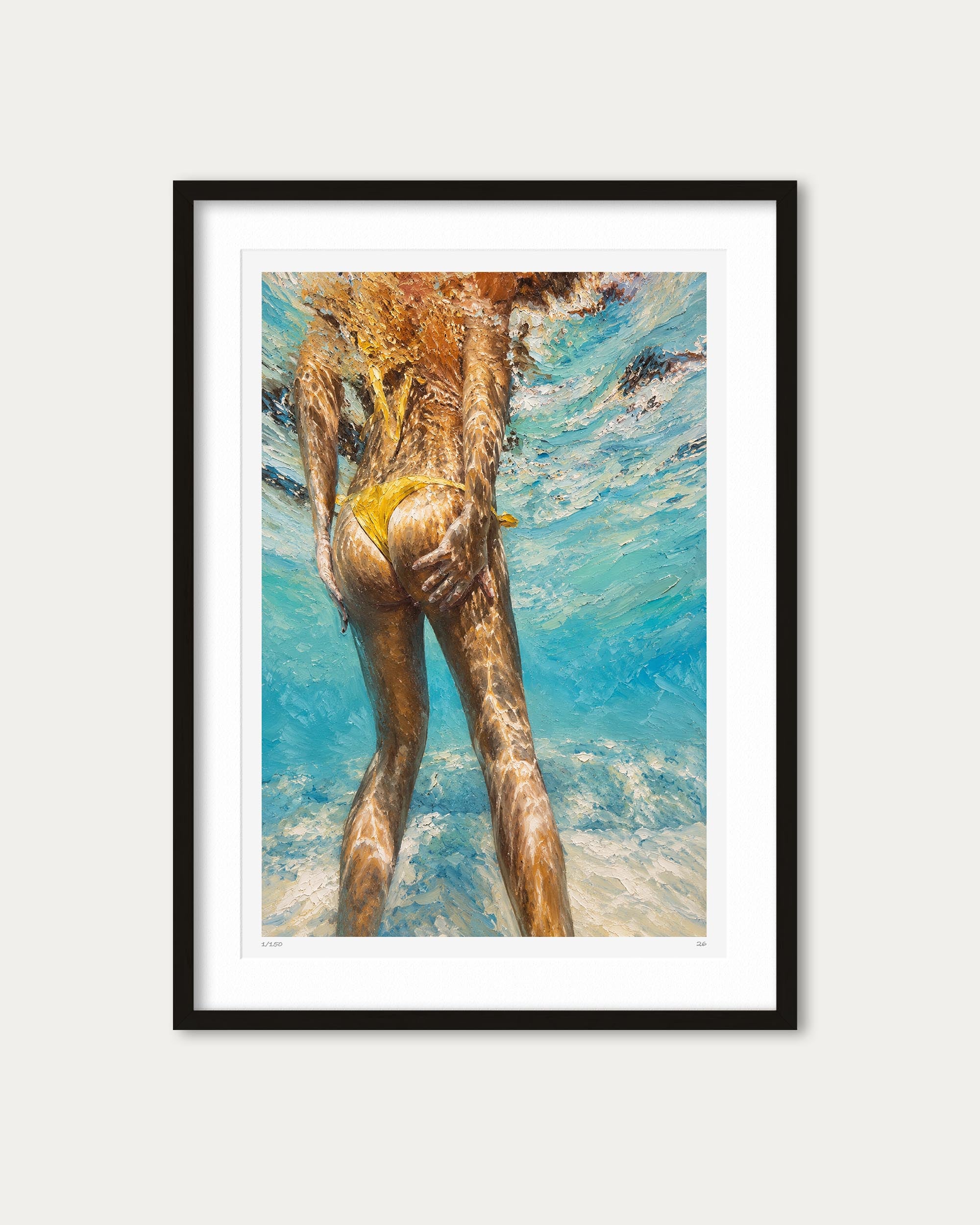 Framed art print featuring an underwater painting of a figure in a yellow bikini, set against a light gray background.
