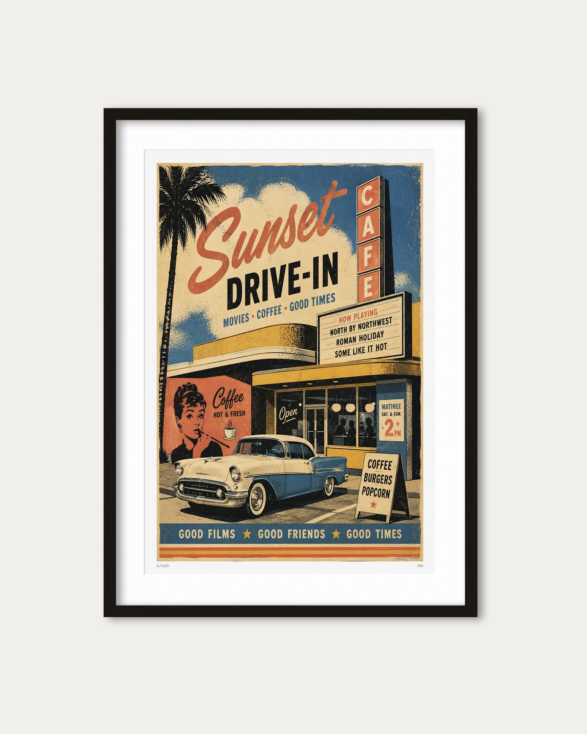A framed vintage-style poster print featuring a retro 'Sunset Drive-In' movie theater scene with a blue-and-white classic car, palm tree, and bold red, yellow, and blue typography, shown against a light neutral background.
