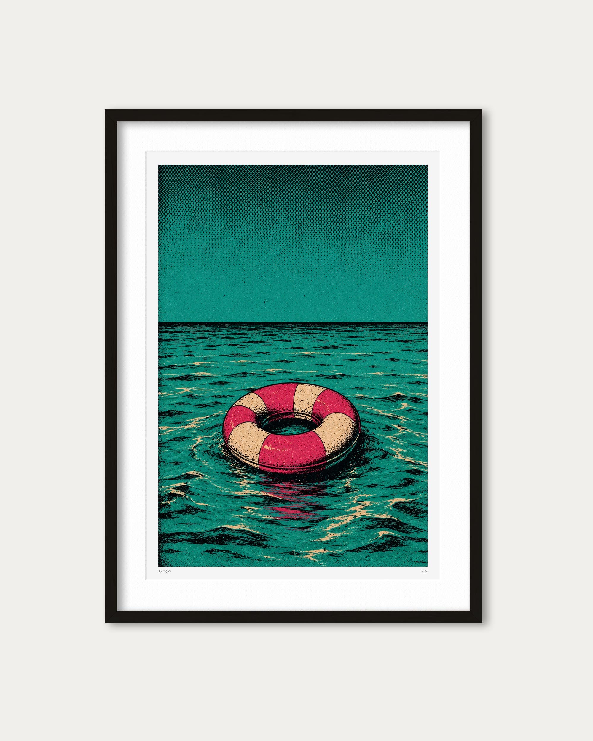 Framed art print featuring a red and beige life preserver floating on teal ocean water under a matching teal sky, displayed in a black frame with a white mat on a light gray background.