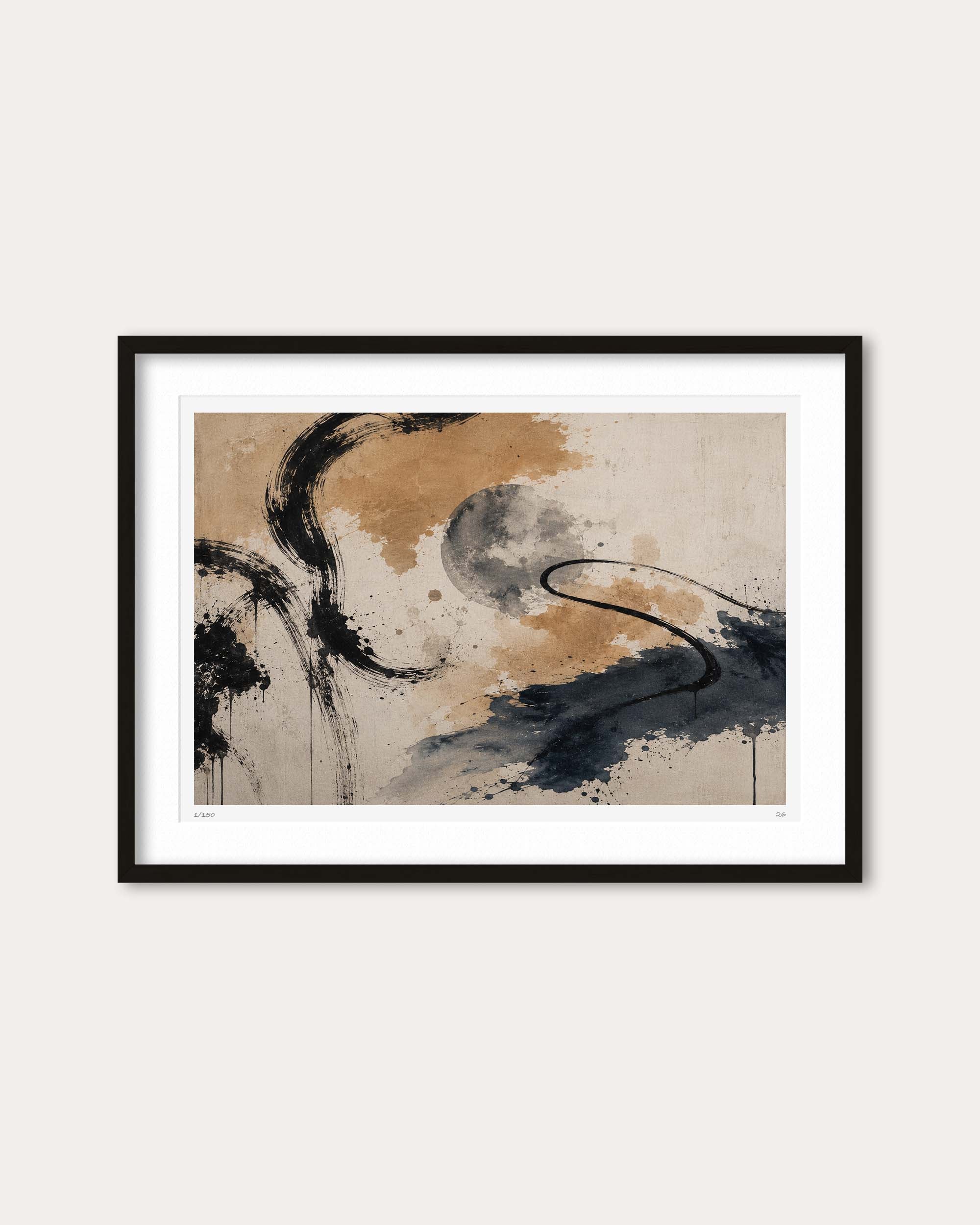 Framed abstract wall art print with black, navy, and warm tan brushstrokes on a textured beige background, shown in a black frame with white mat against a light gray wall.