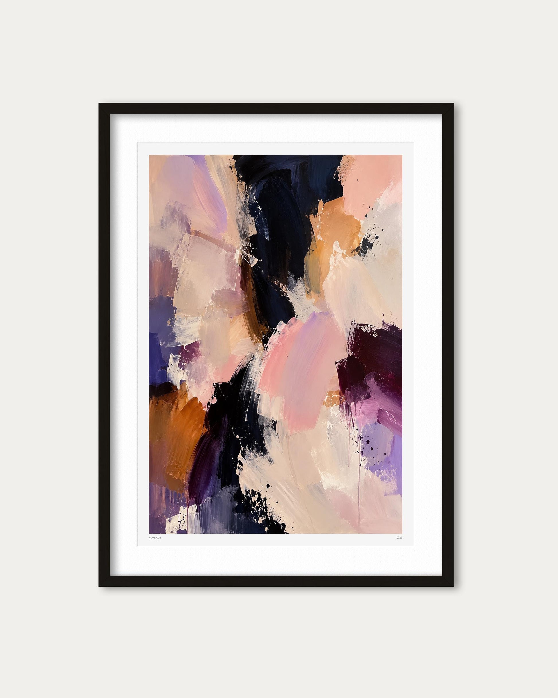 Framed abstract wall art featuring expressive brushstrokes in black, blush pink, peach, purple, and cream, presented in a black frame with a white mat against a light gray background.