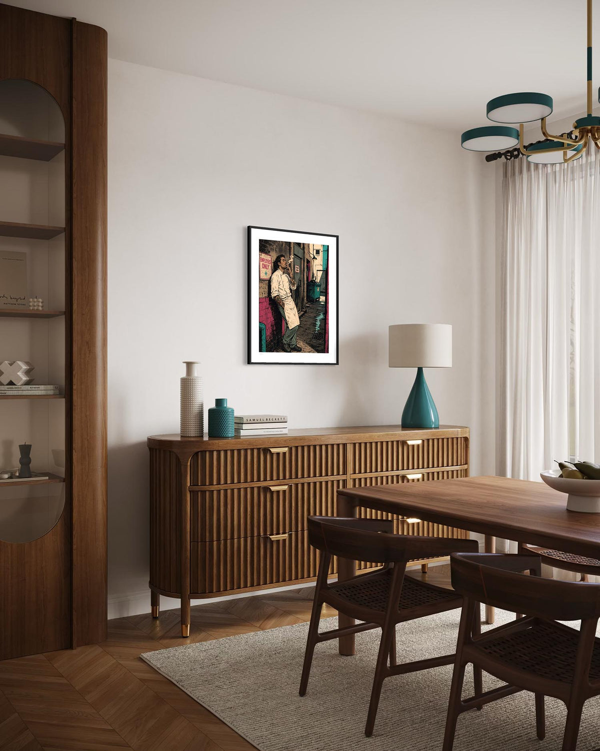 A framed art print featuring a colorful painting of a woman, displayed on a white wall in a modern dining room setting above a wooden sideboard.
