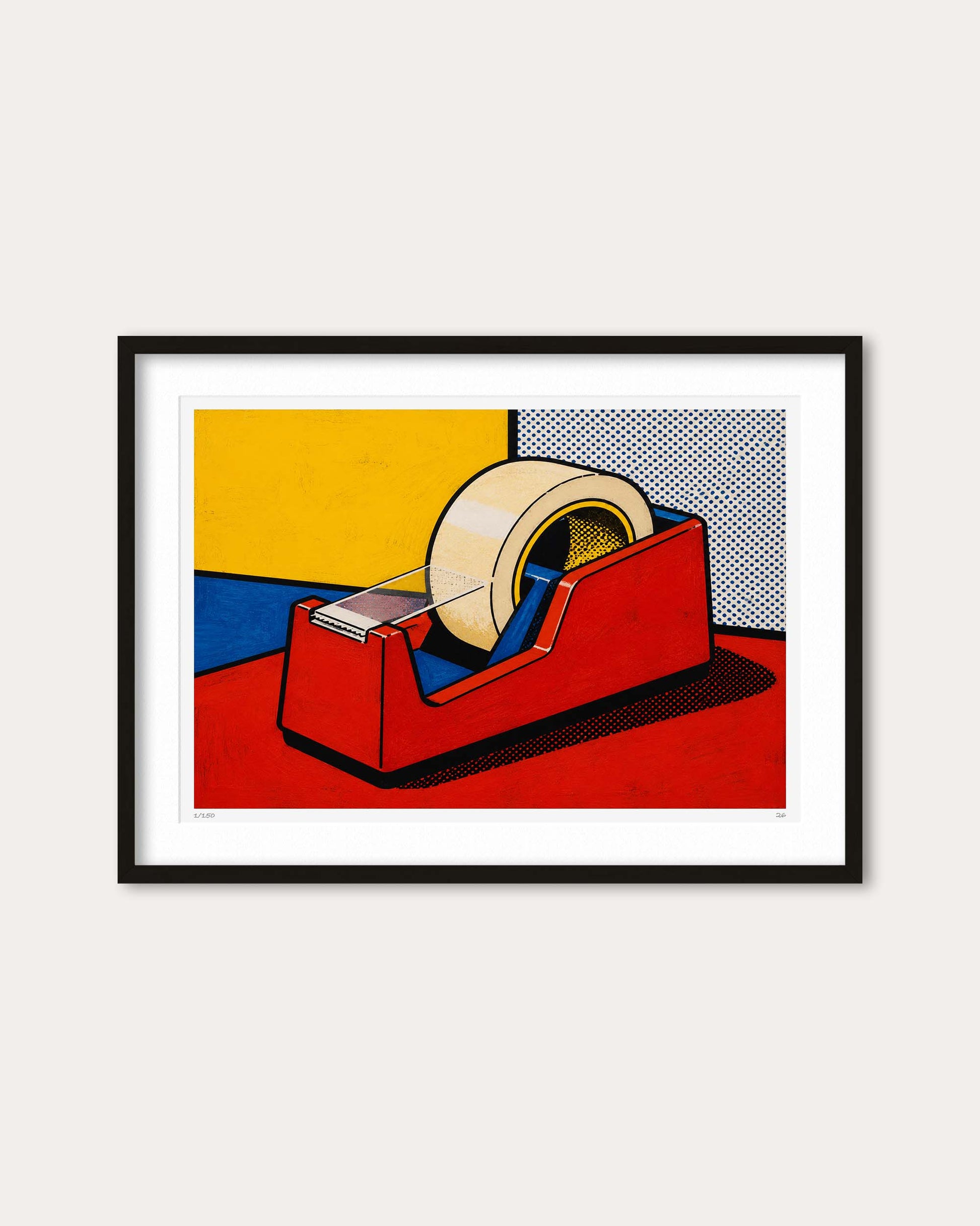 Framed pop art print of a red tape dispenser on a bold yellow, blue, and white background, displayed on a light beige wall.