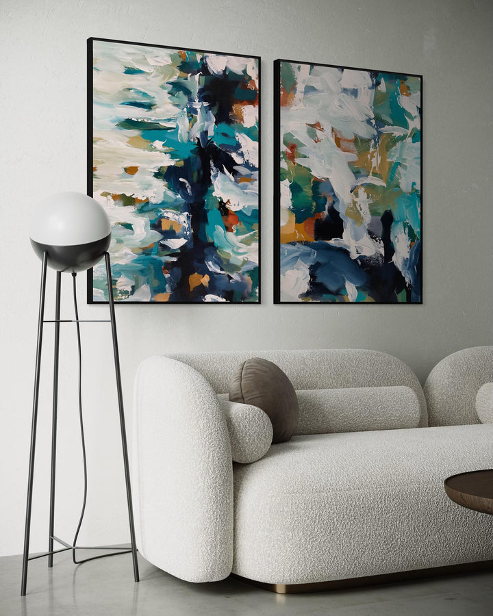 Modern living room with abstract art on the wall and a textured sofa.