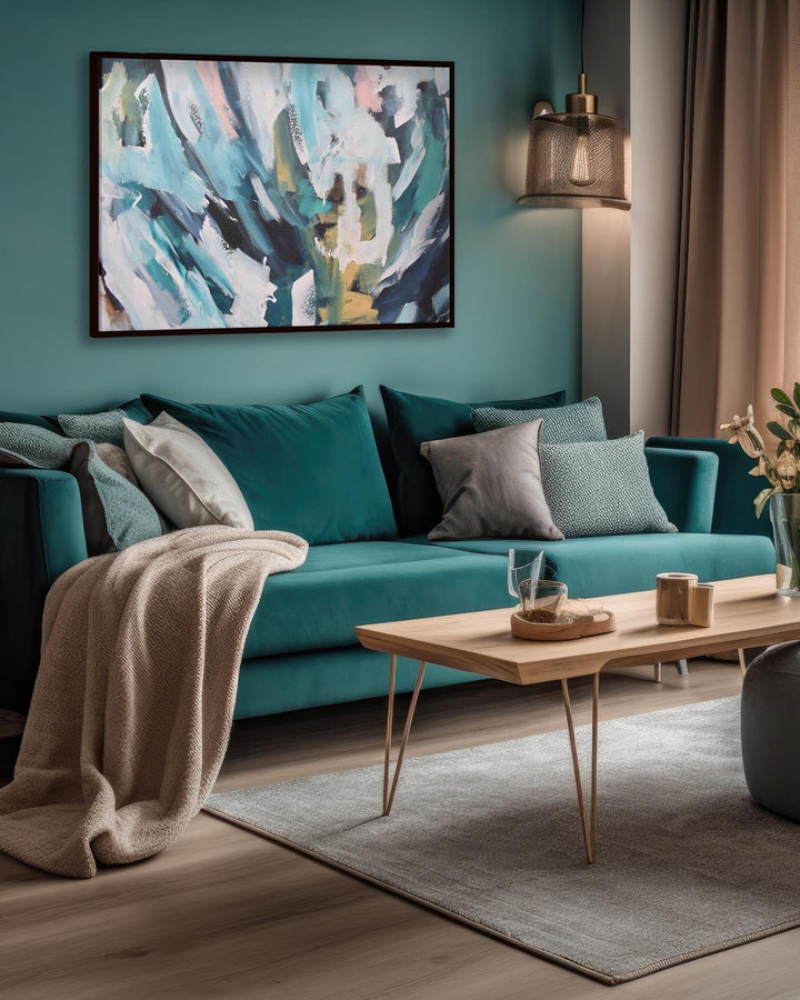 Modern living room with teal sofa, abstract painting, and wooden coffee table.