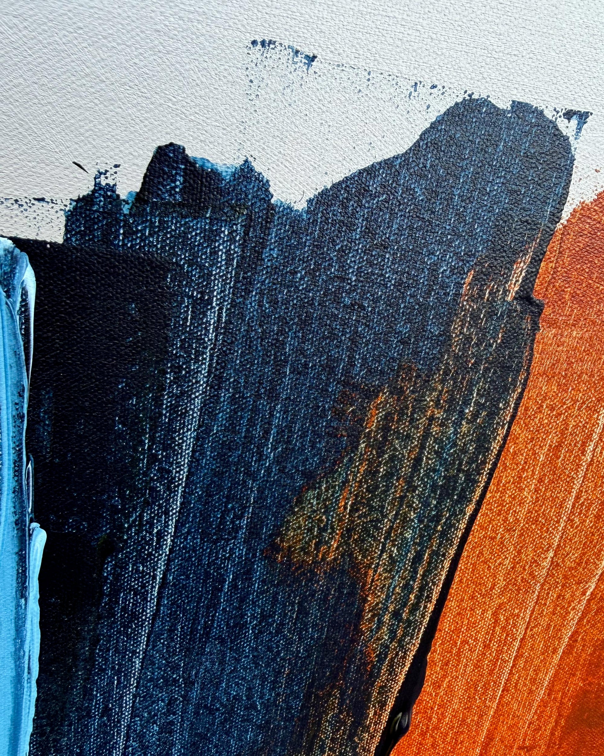 Abstract canvas painting with thick textured brushstrokes in dark blue, black, orange, and light blue on a white background.